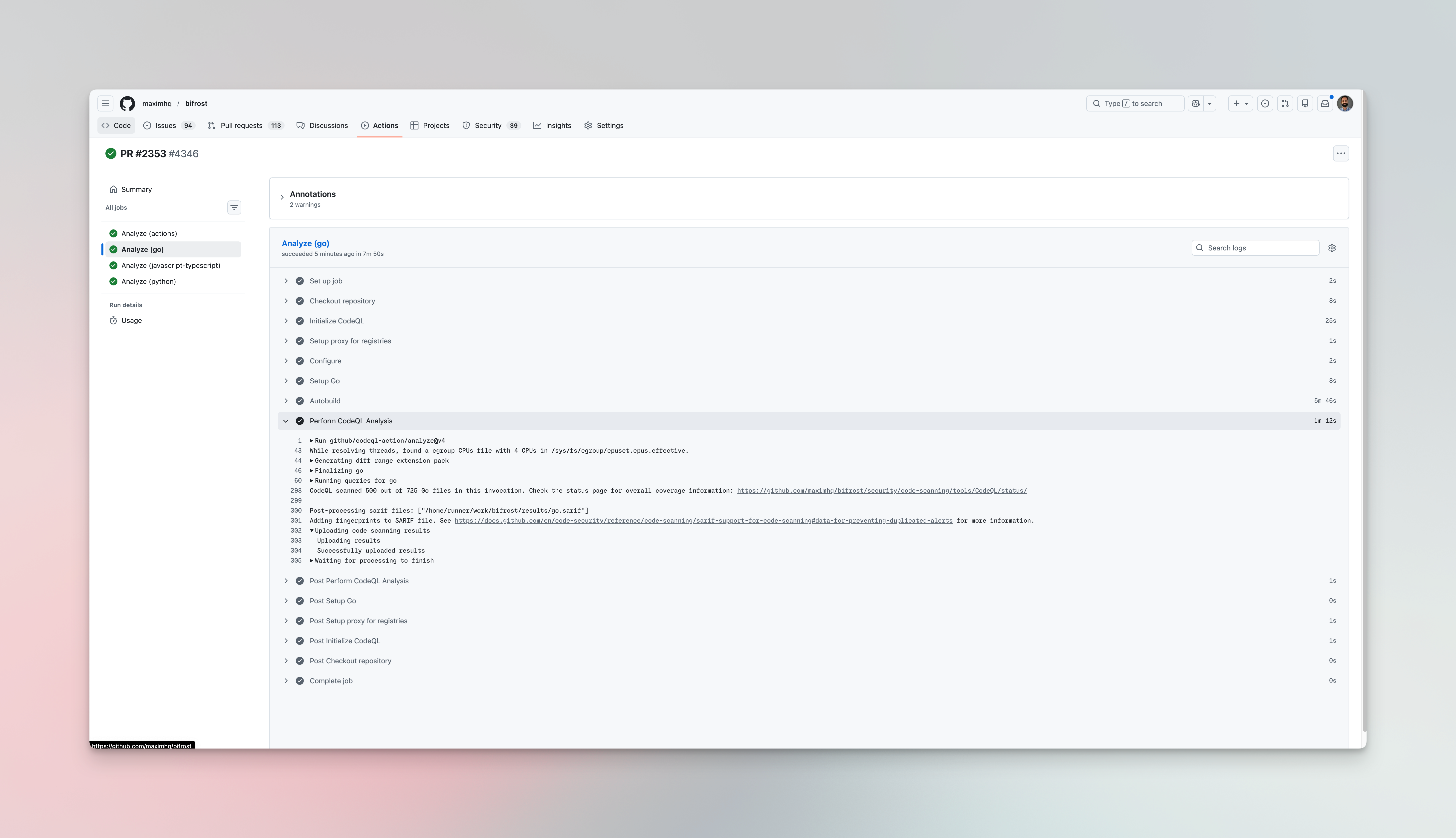 CodeQL analysis results in GitHub Security tab