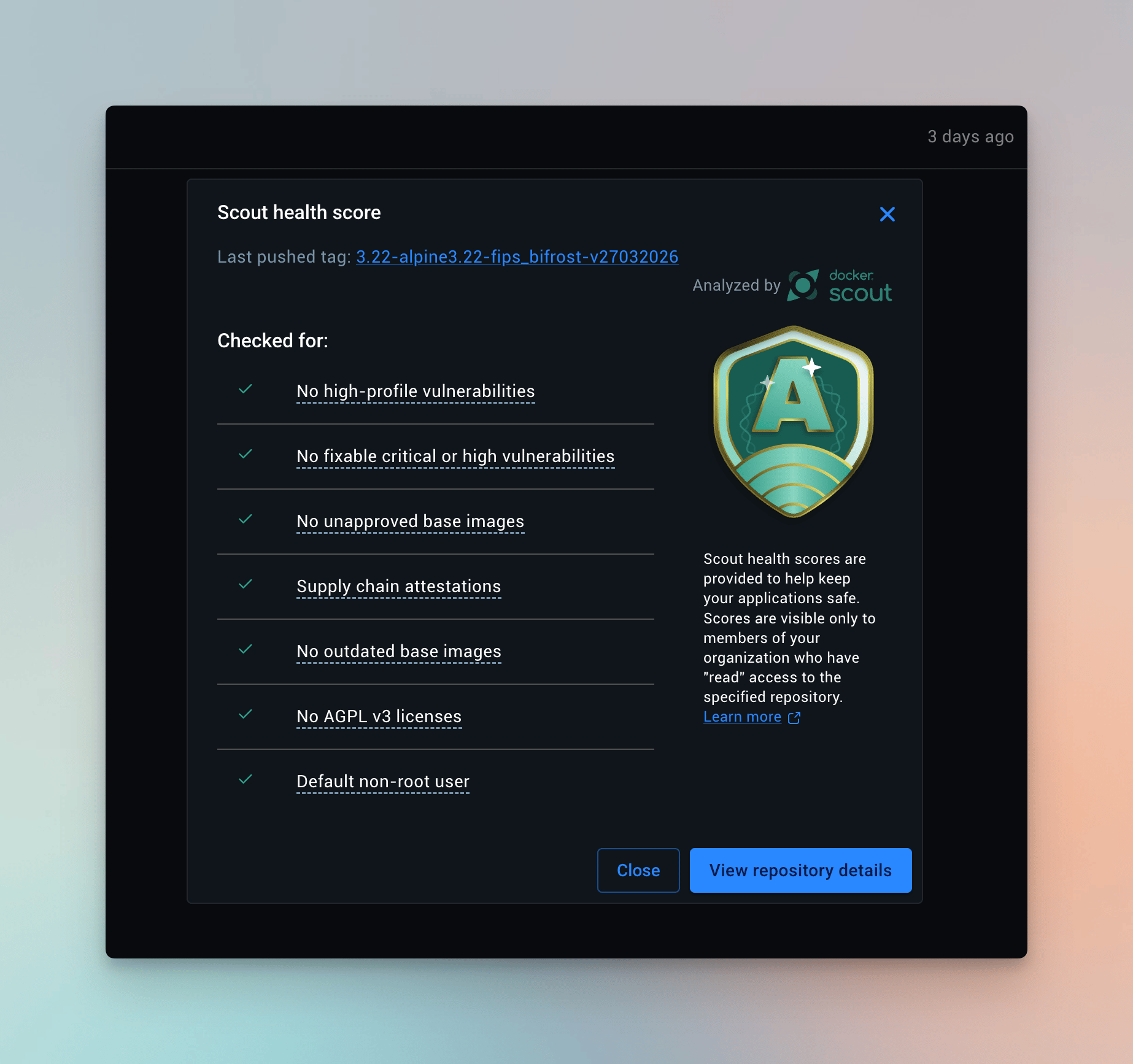 Docker Scout image score showing vulnerability assessment