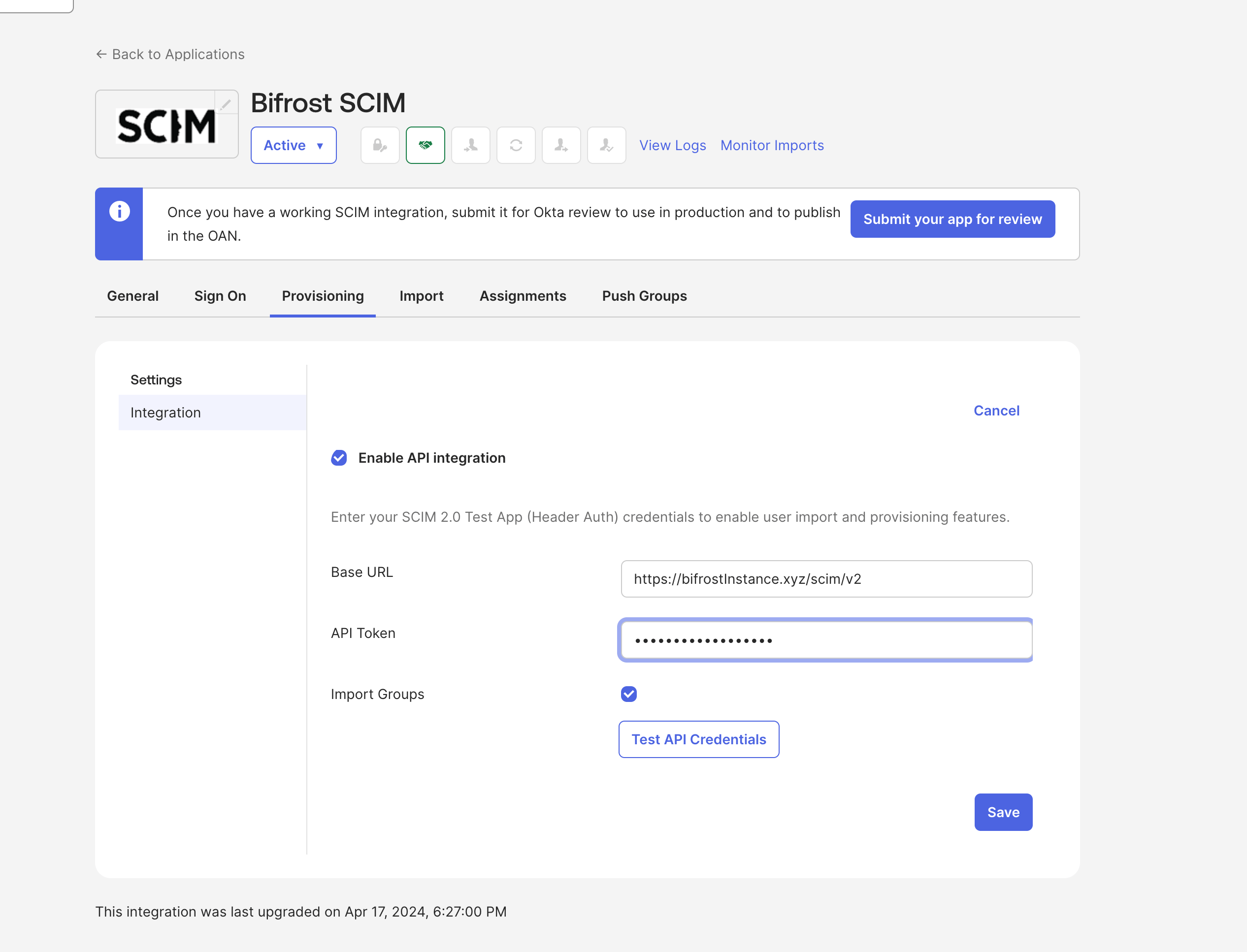 Okta SCIM app — Configure API Integration