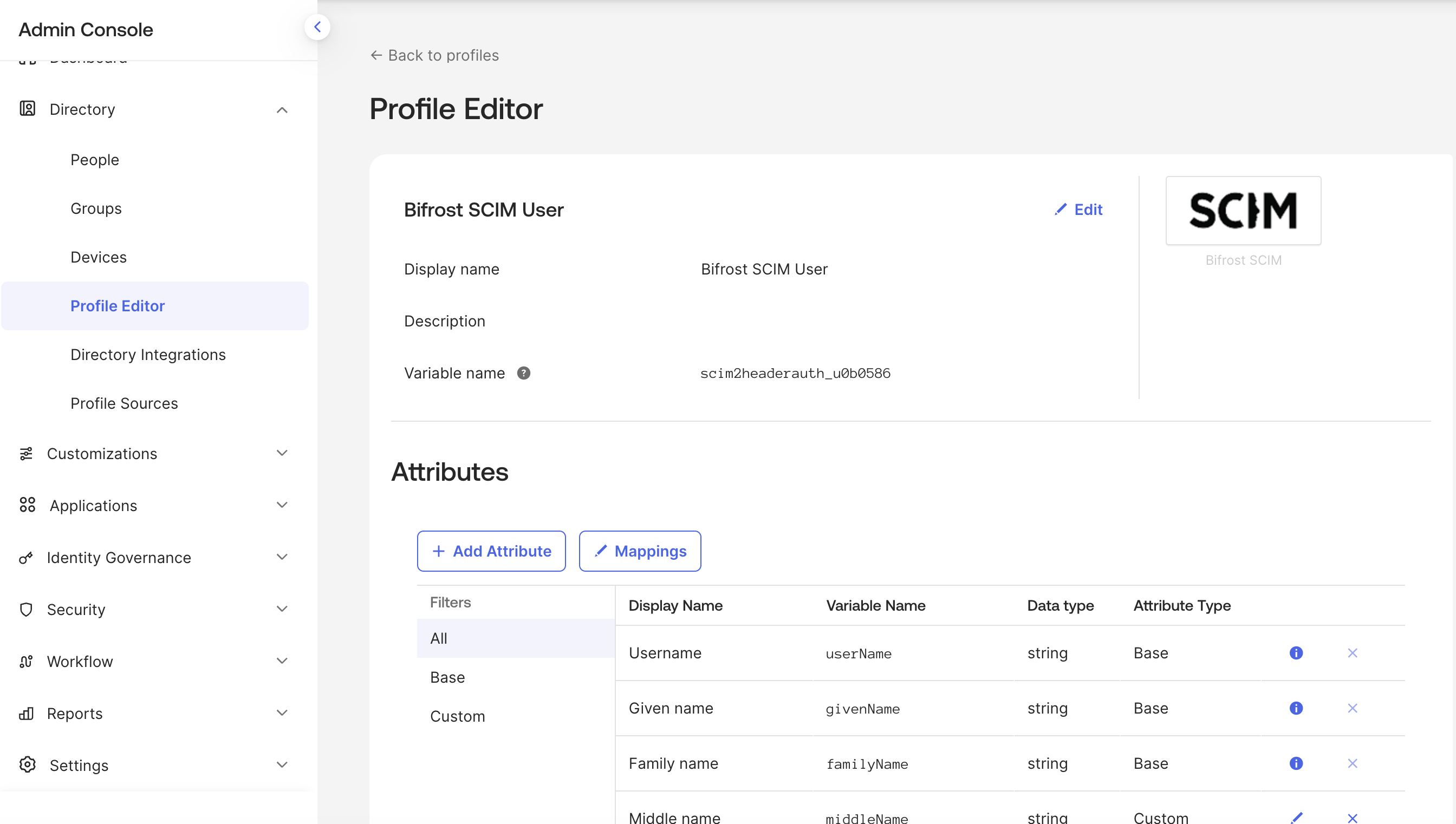 Okta Profile Editor showing the Bifrost SCIM app profile