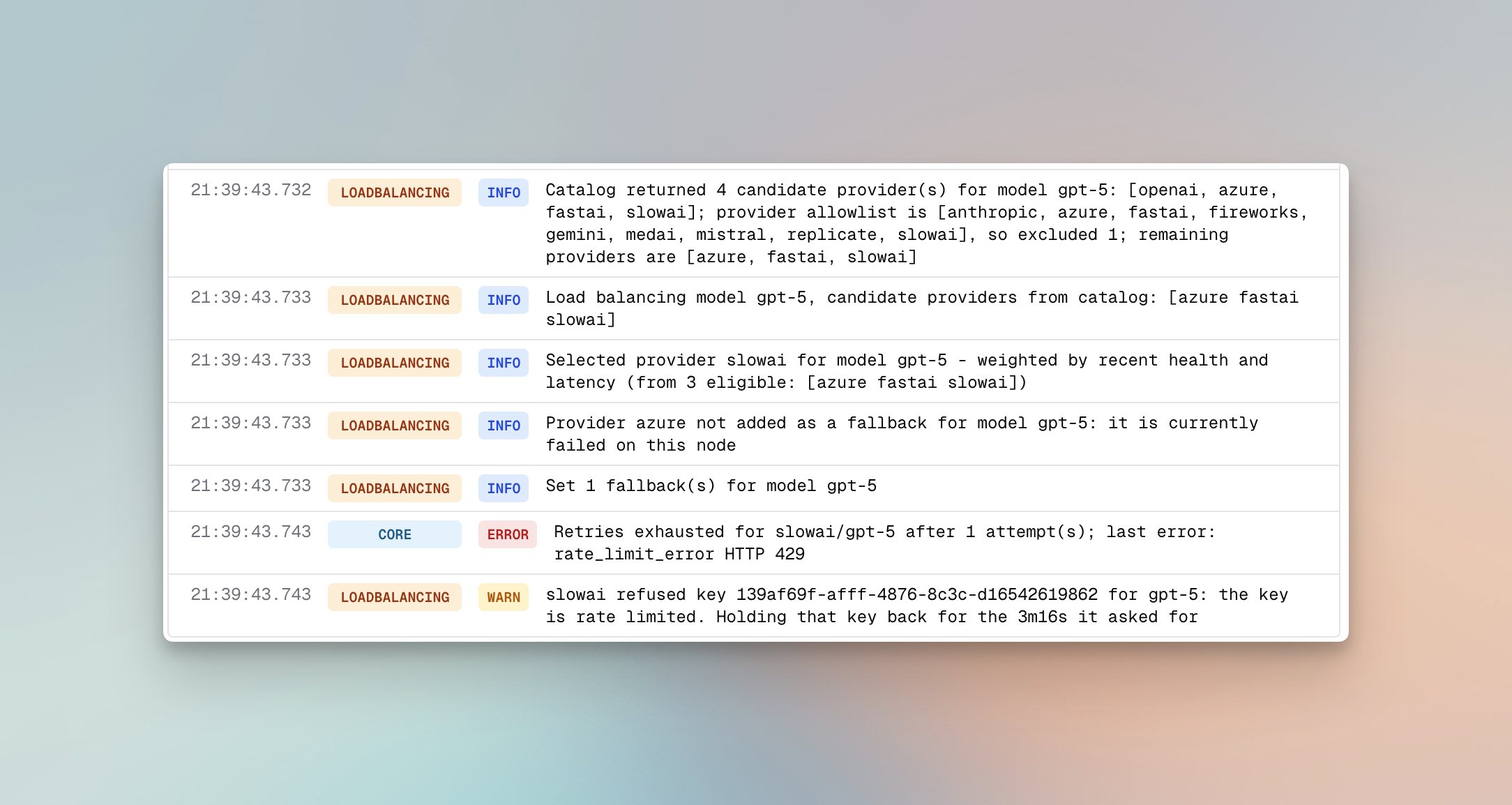 Routing engine logs in a request's log detail showing a held key being skipped and then checked