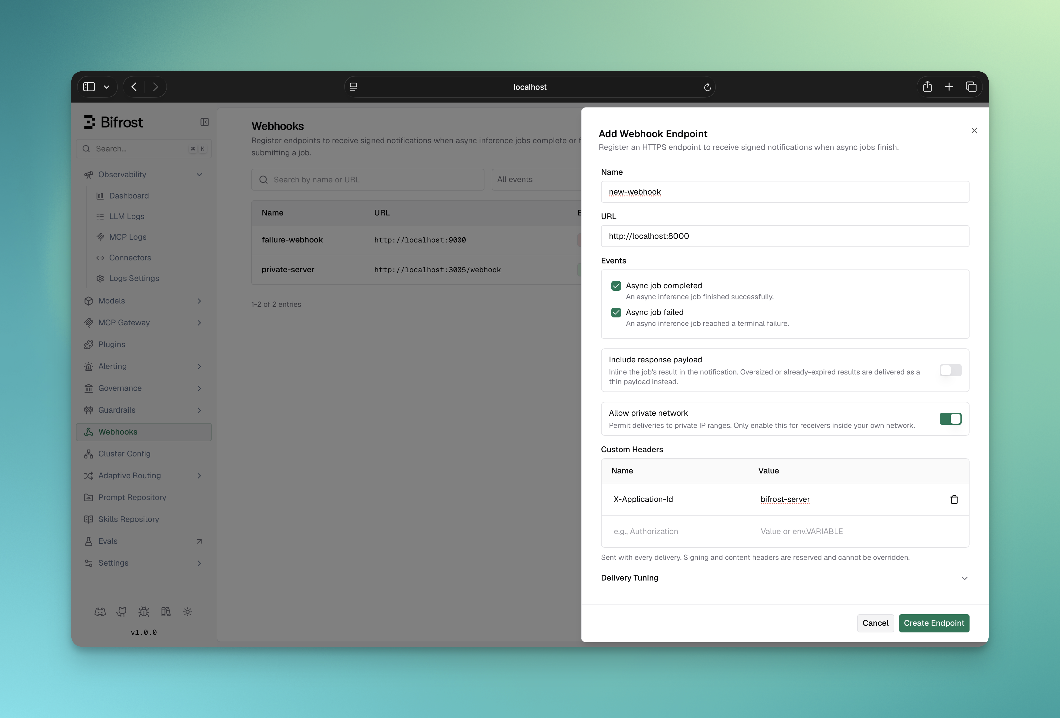 Add Endpoint form in the Bifrost Web UI showing the Name, URL, events selector, custom headers, and Include response fields