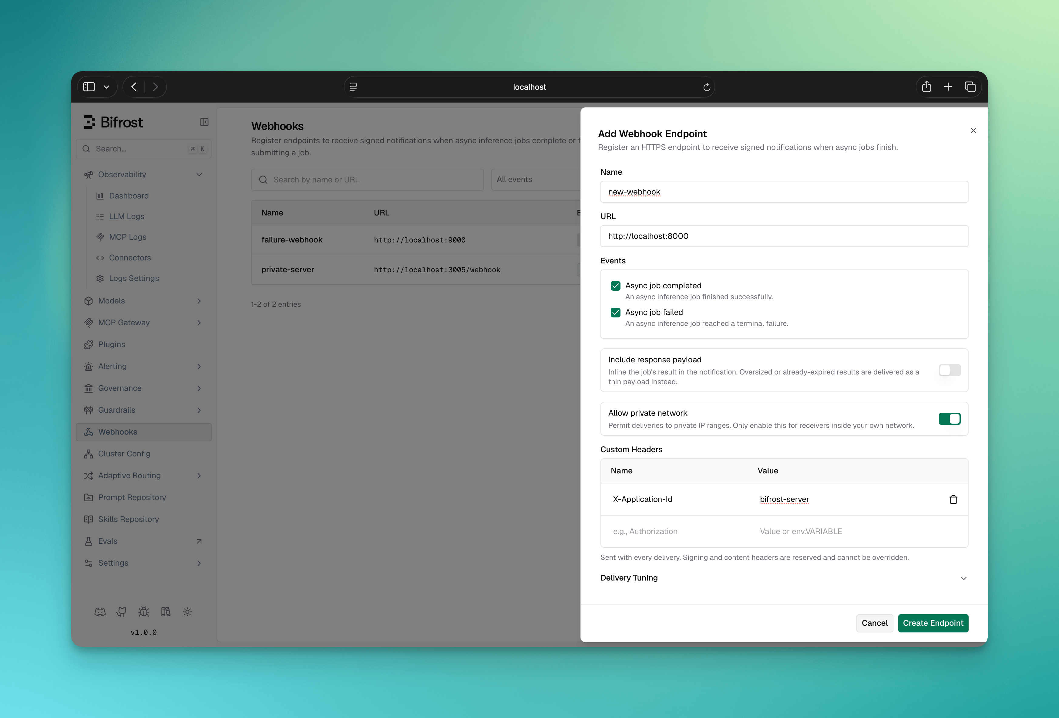 Add Endpoint form in the Bifrost Web UI showing the Name, URL, events selector, custom headers, and Include response fields