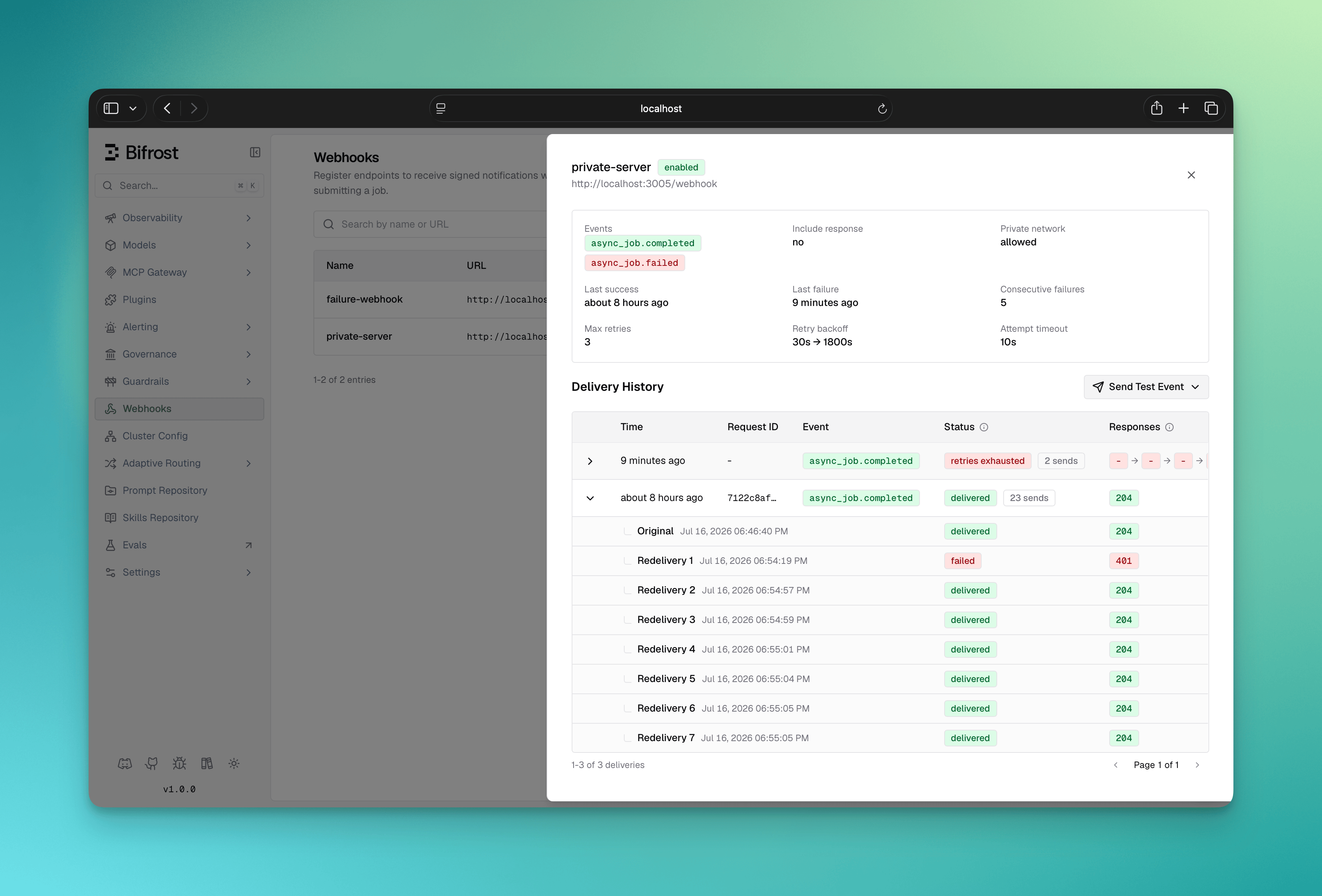 Endpoint deliveries panel in the Bifrost Web UI showing recent delivery attempts with their status codes alongside the Test and Rotate secret actions