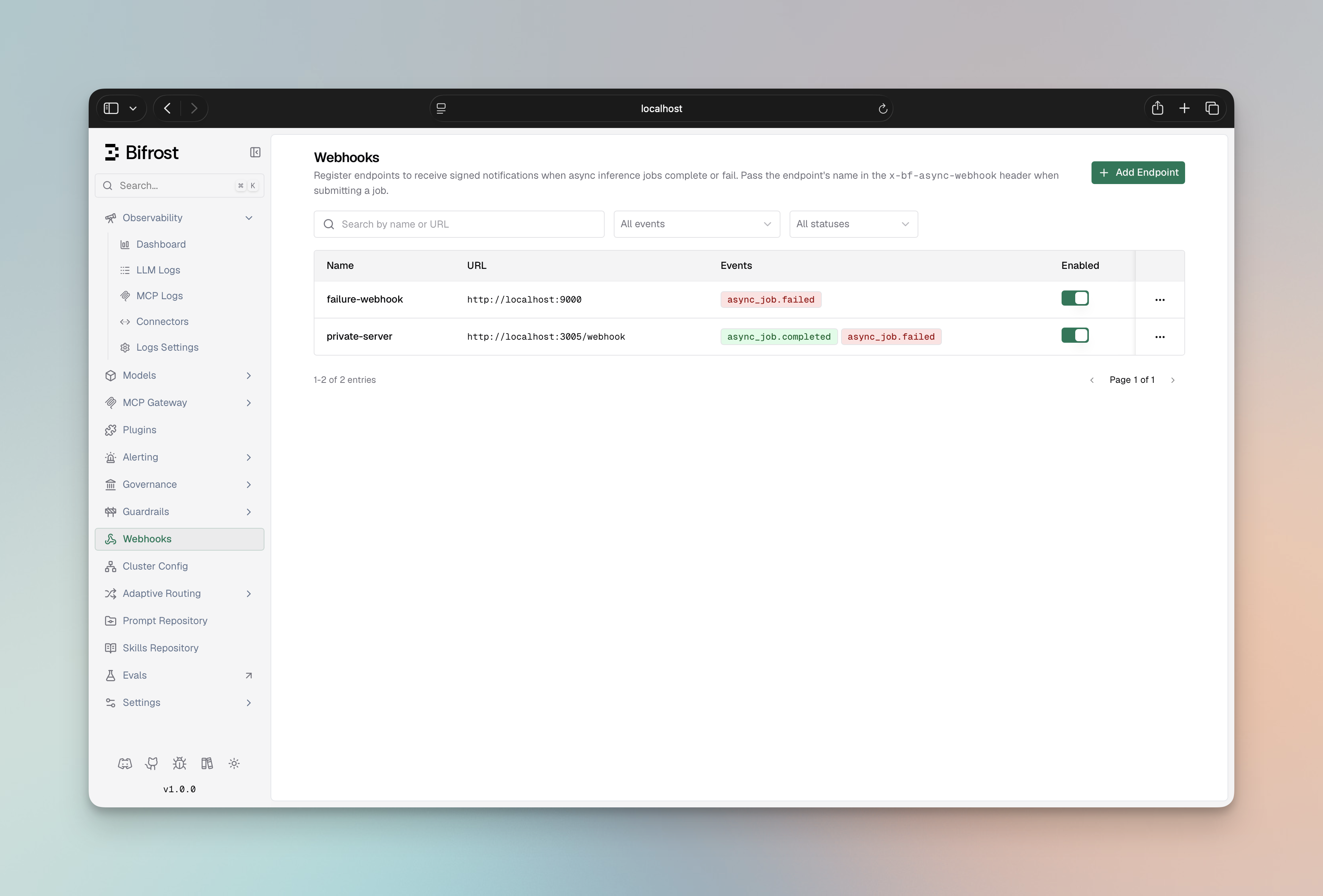 Webhooks page in the Bifrost Web UI showing a table of endpoints with their name, URL, subscribed events, and enabled status