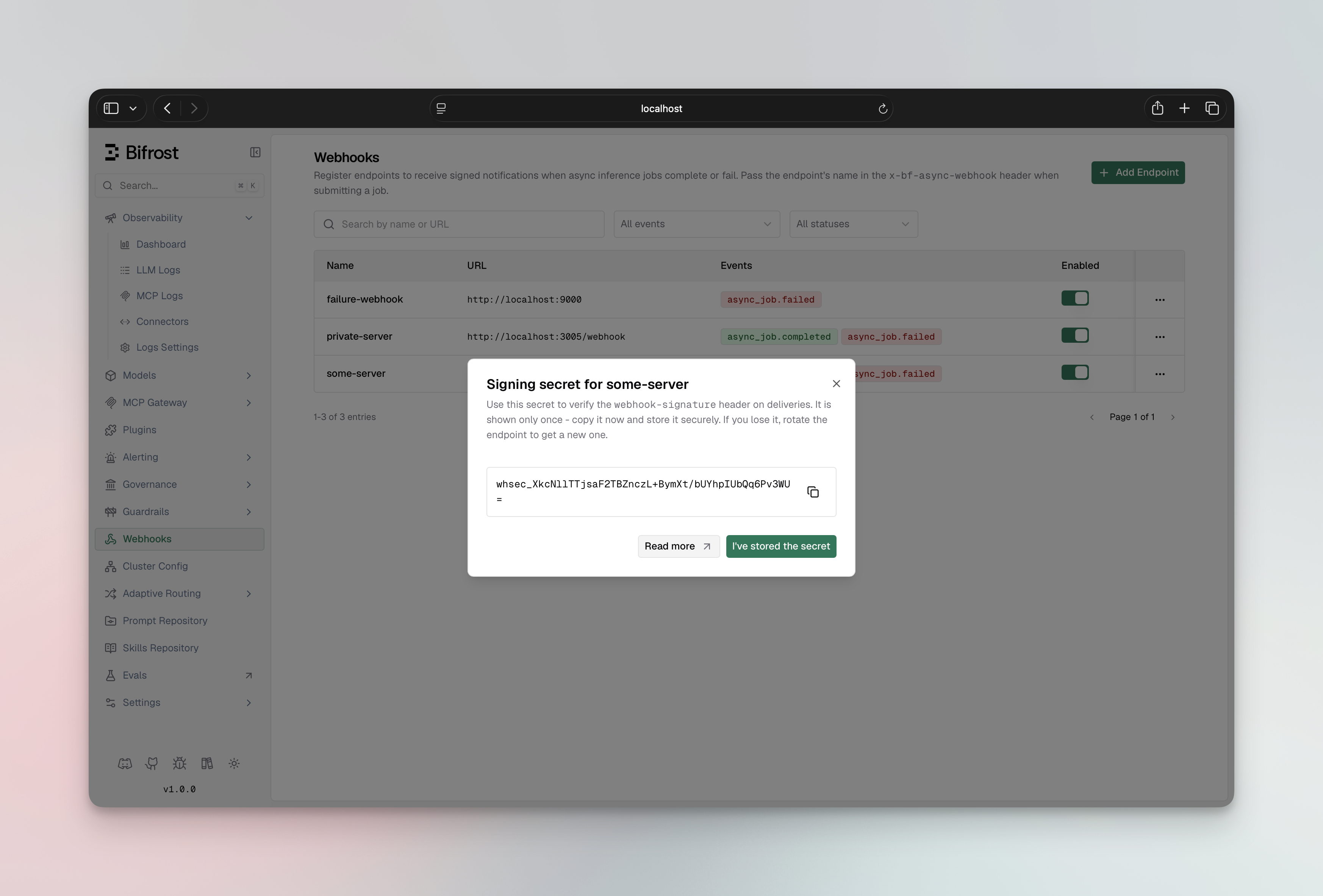 Signing secret dialog in the Bifrost Web UI showing the one-time whsec_ secret with a copy button and a link to the verification docs
