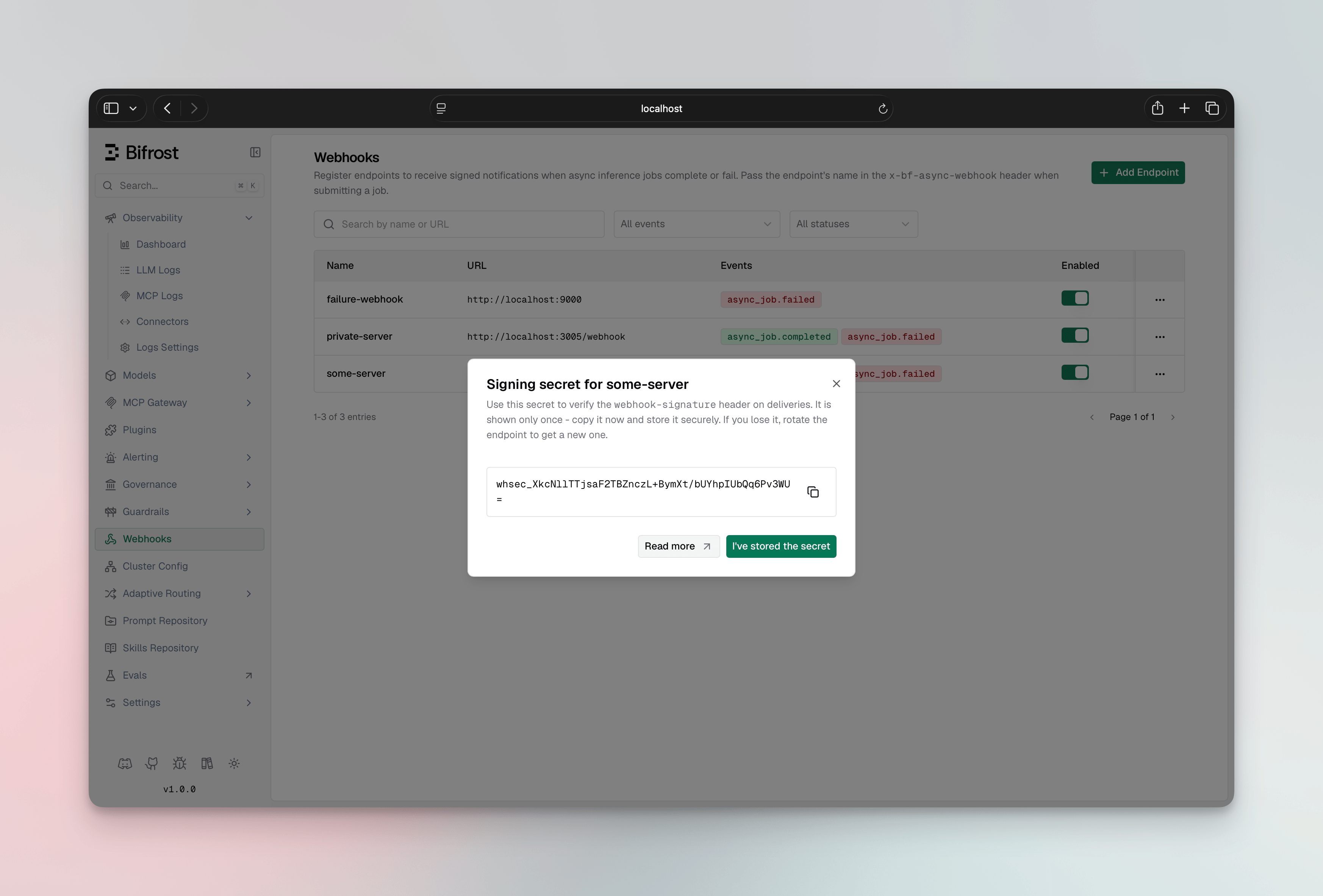 Signing secret dialog in the Bifrost Web UI showing the one-time whsec_ secret with a copy button and a link to the verification docs