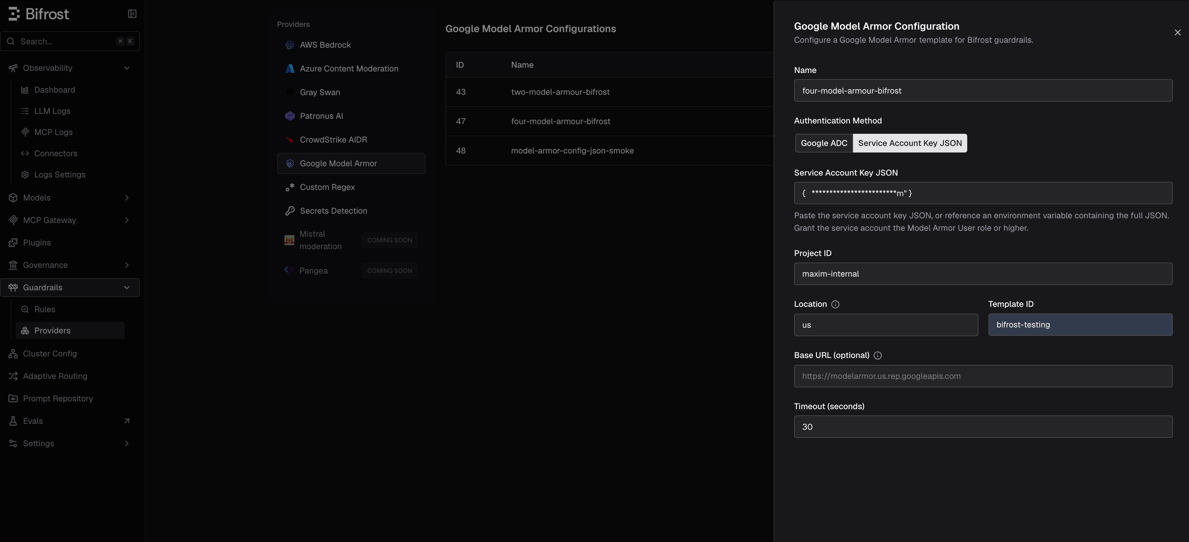 Google Model Armor configuration in Bifrost dashboard