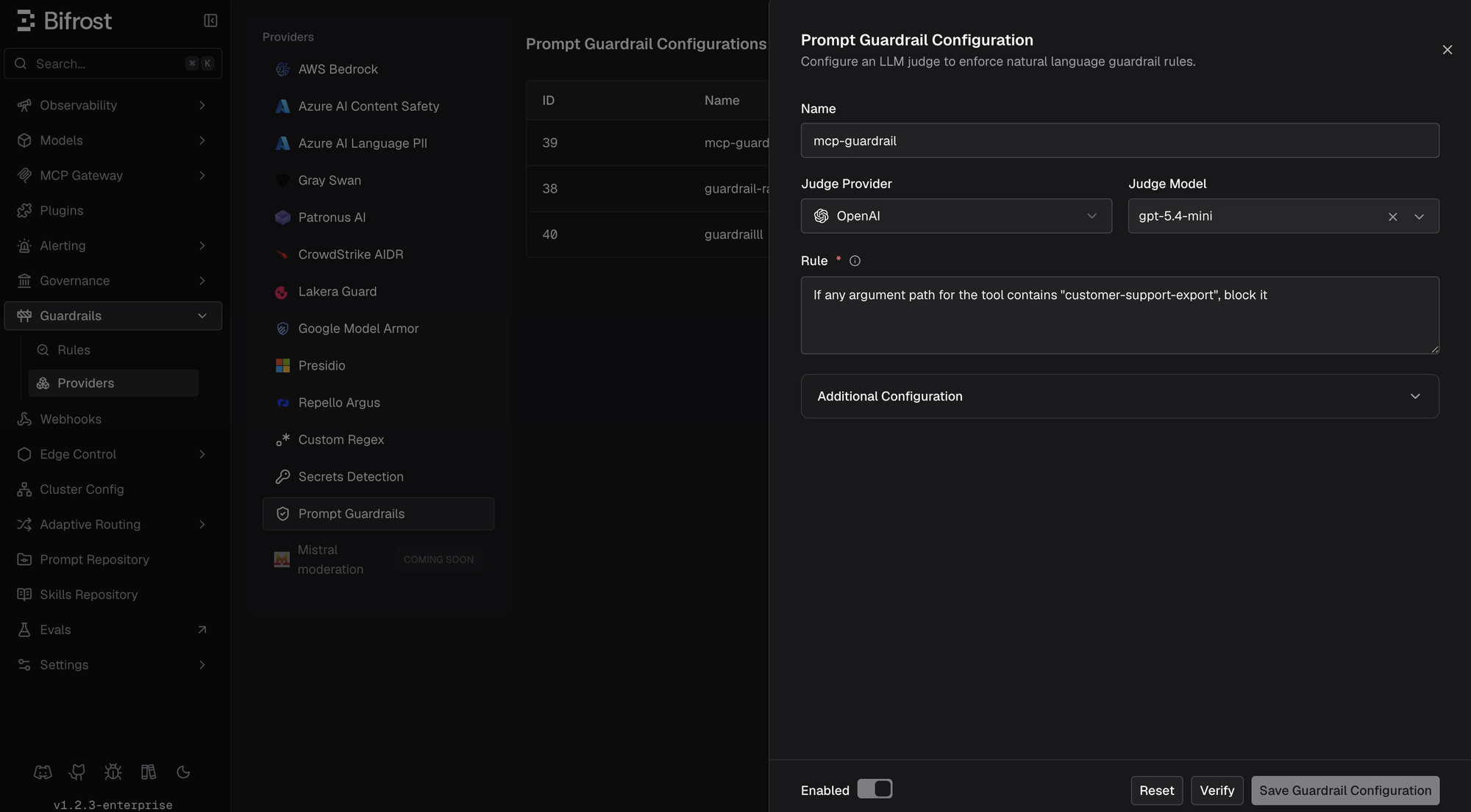 Prompt Guardrail Configuration panel with judge provider, judge model, and natural-language rule fields
