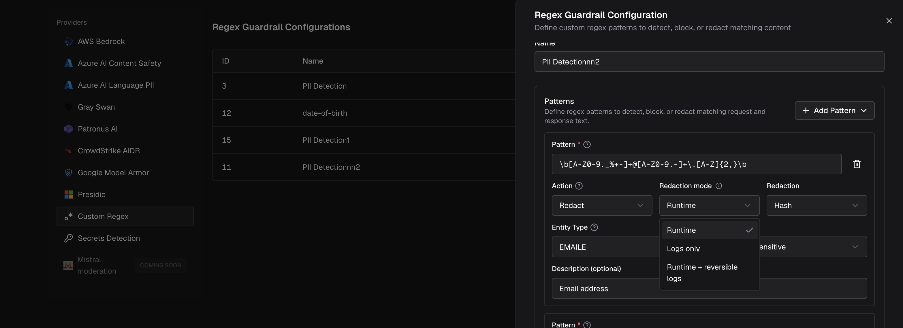 Regex guardrail configuration showing the redaction mode selector with Runtime, Logs only, and Runtime plus reversible logs options