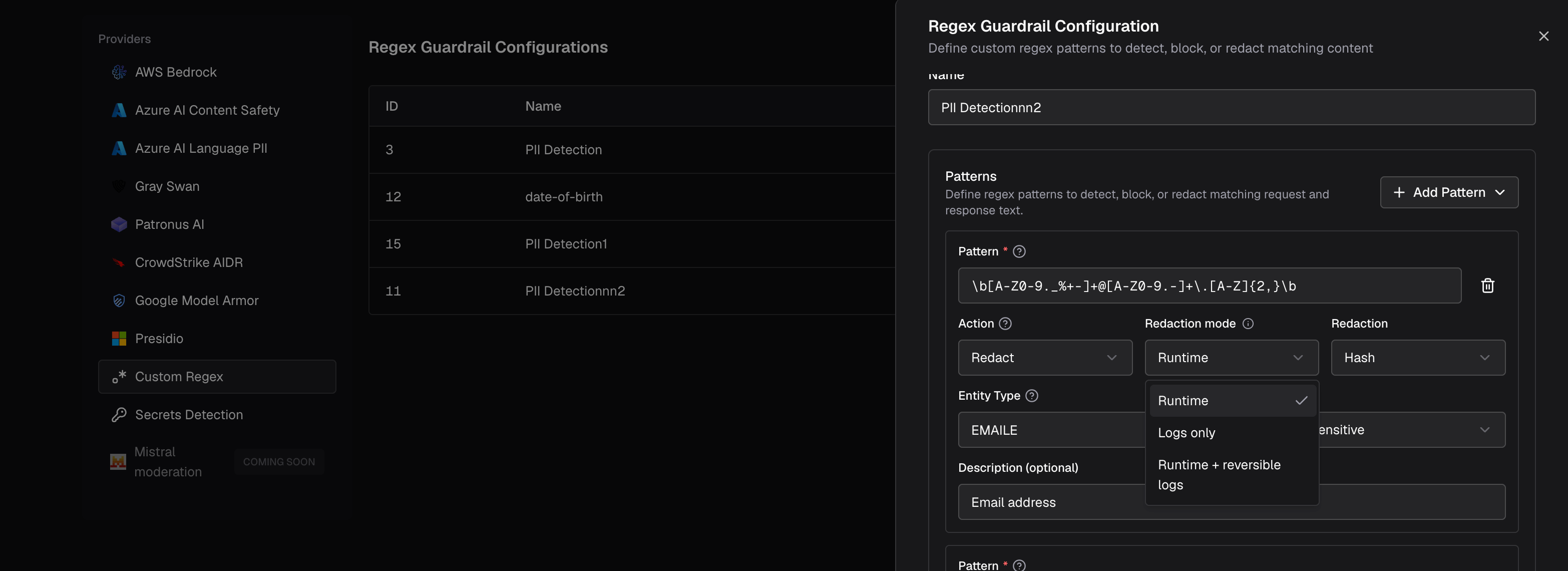 Regex guardrail configuration showing the redaction mode selector with Runtime, Logs only, and Runtime plus reversible logs options