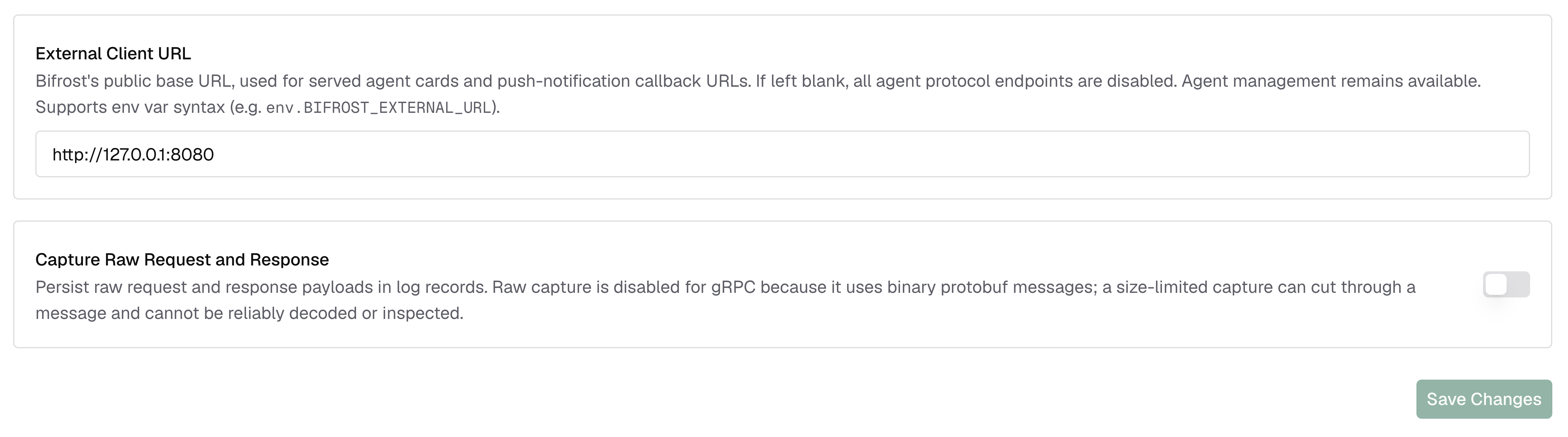 Agent Gateway settings showing that an unset public URL disables protocol endpoints while management remains available