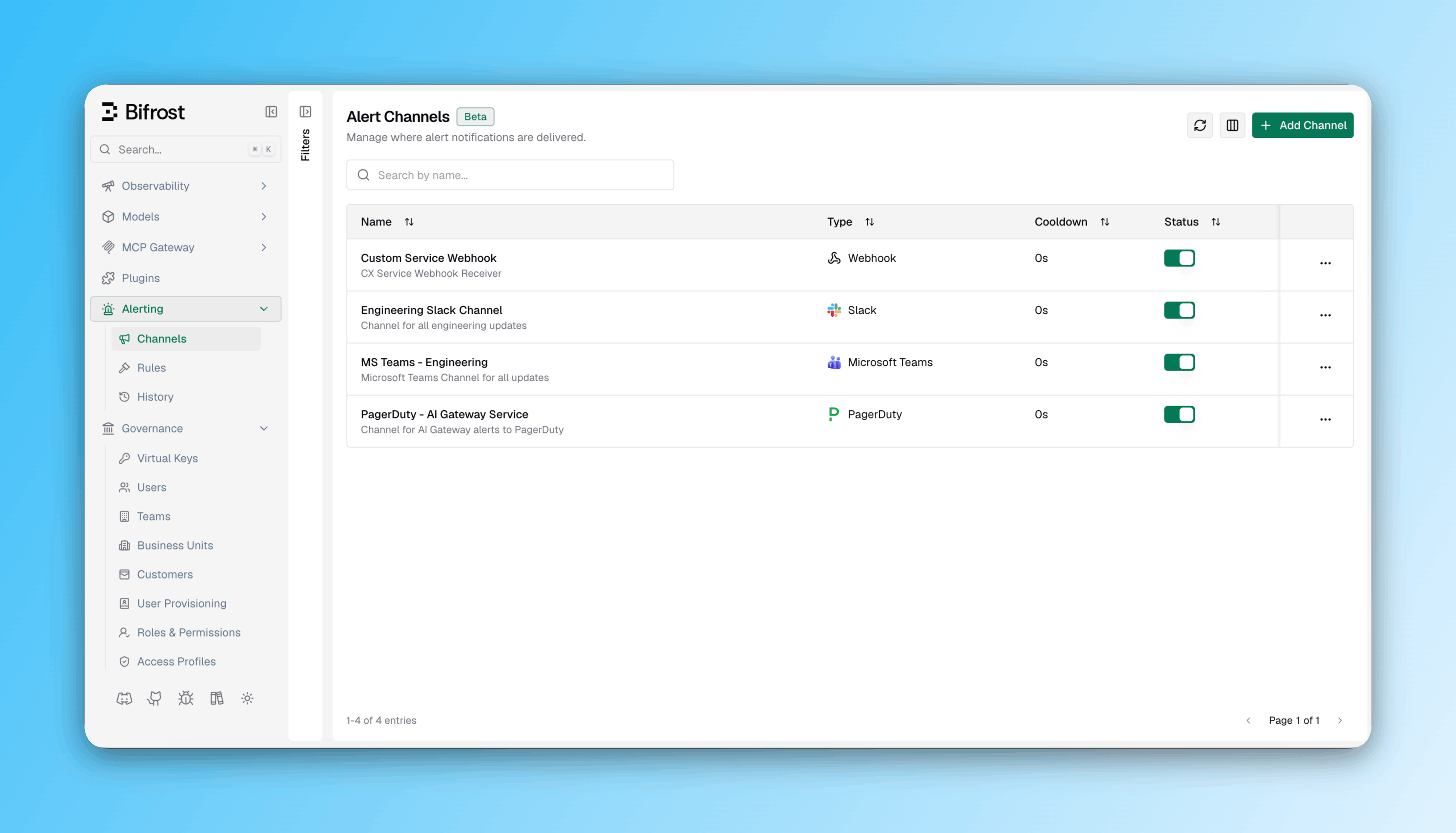 Alert Channels list showing name, type, cooldown, and status columns