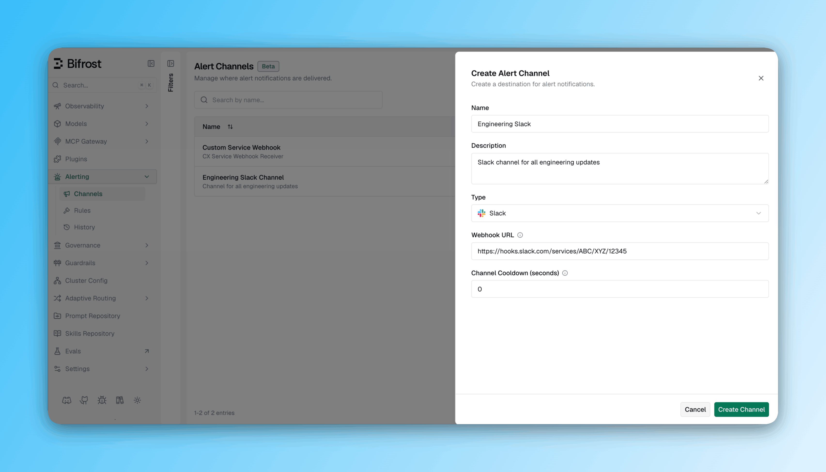 Create Alert Channel dialog showing name, channel type, and Slack webhook URL fields