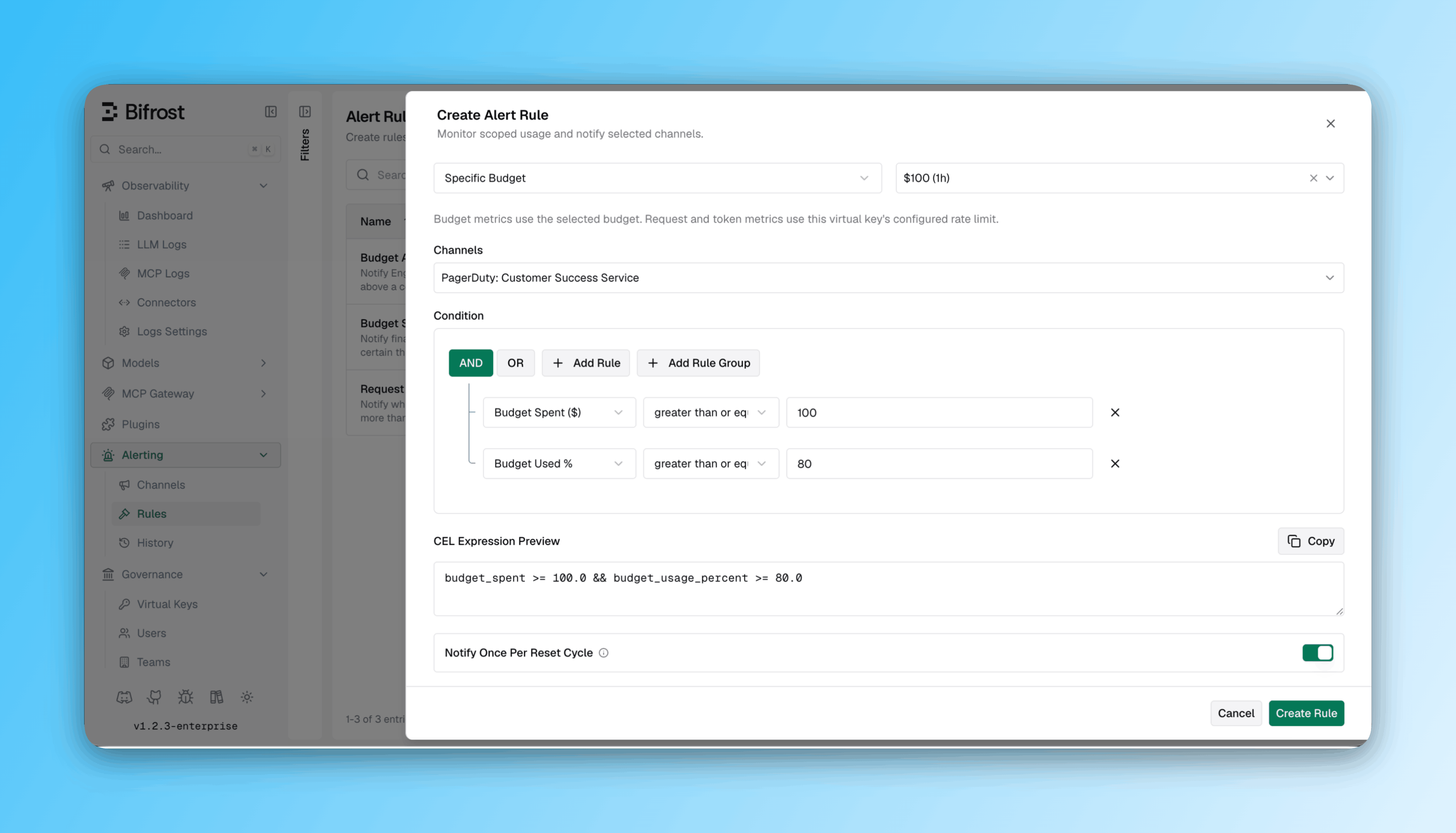 Alert rule condition builder with AND/OR operators and Add Rule / Add Rule Group controls