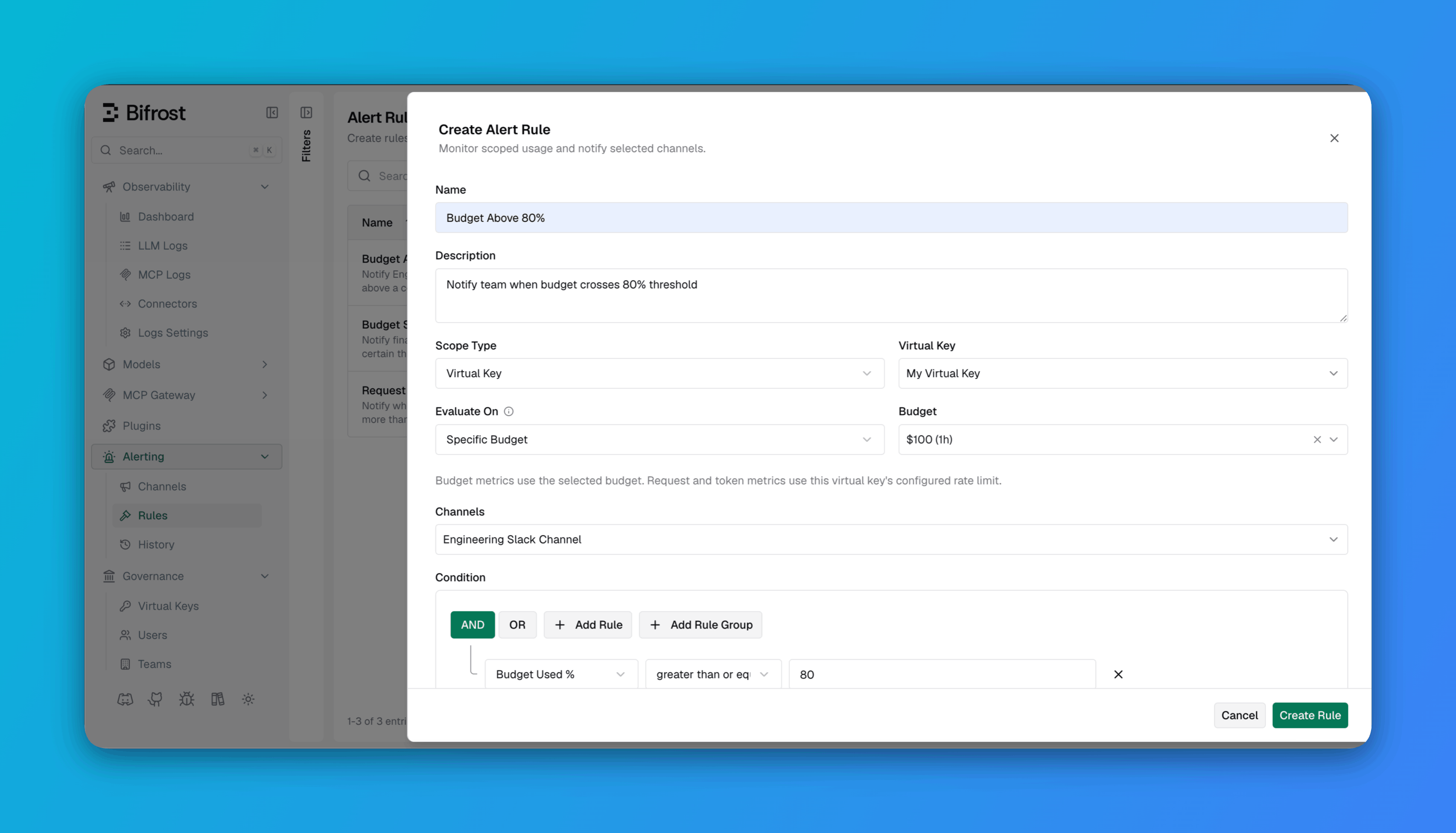 Create Alert Rule dialog showing name, scope type, evaluate on, and channel fields