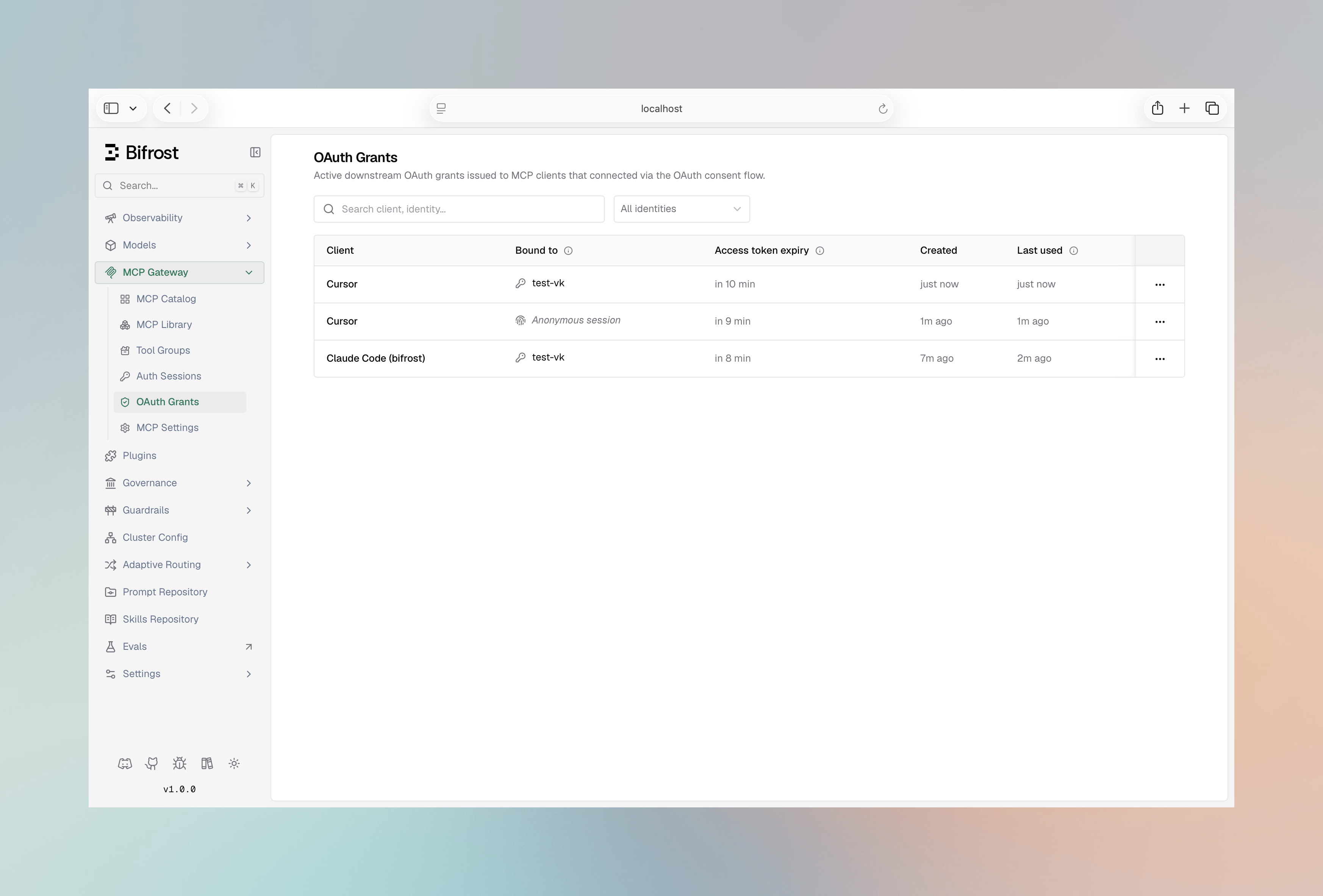 OAuth Grants table with revoke action