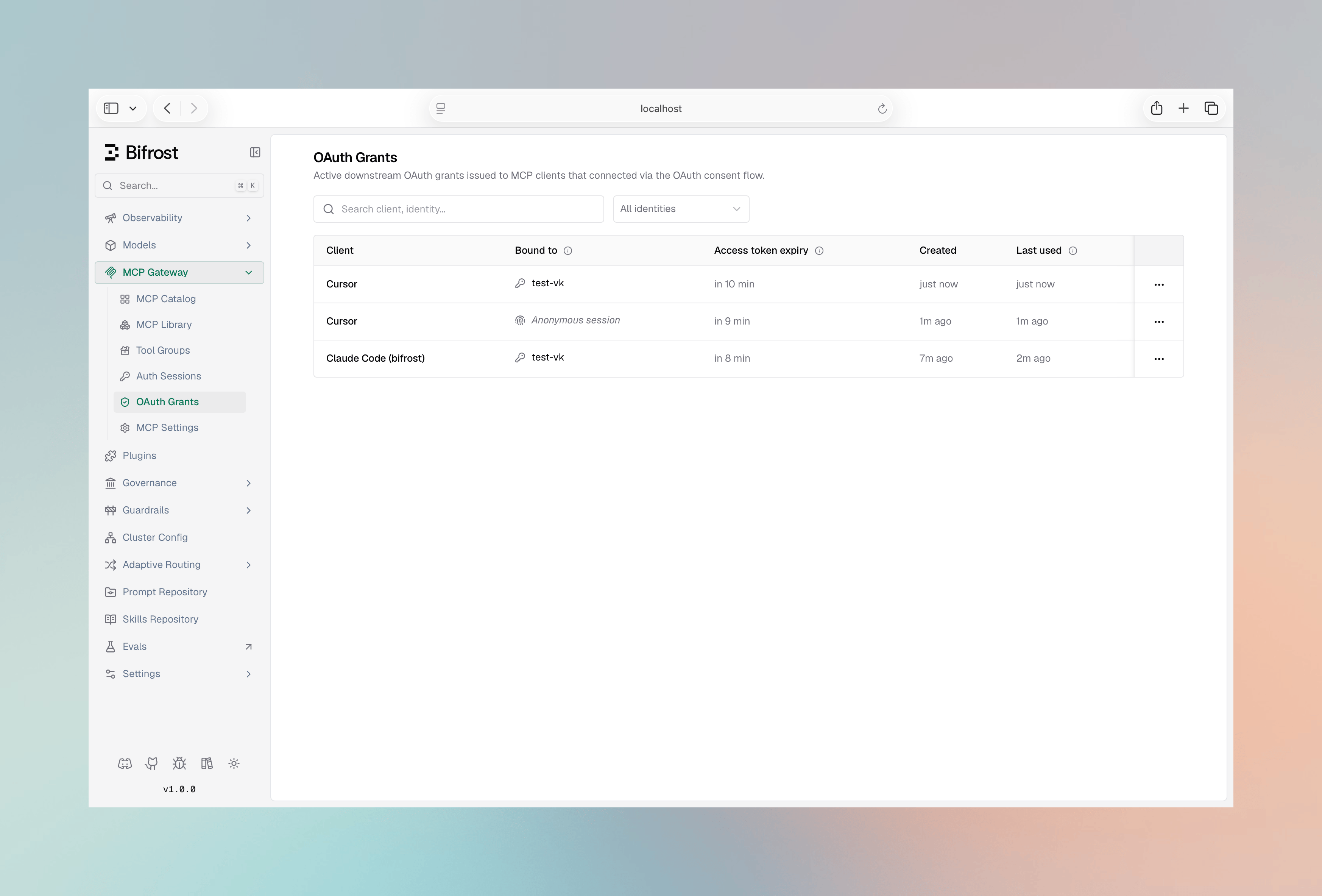OAuth Grants table with revoke action