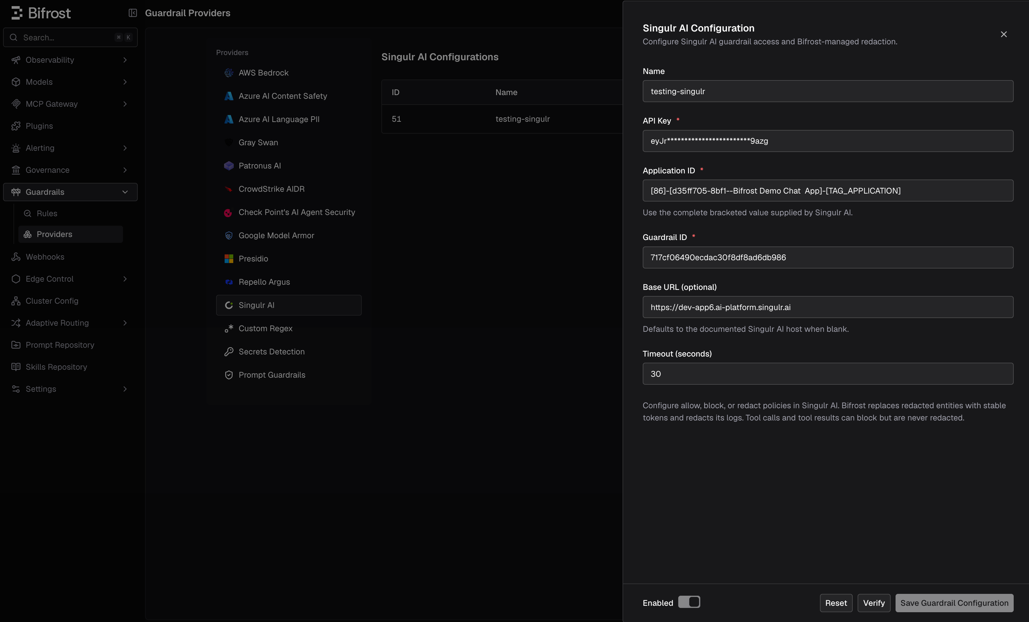 Singulr AI configuration in the Bifrost Guardrails Providers screen