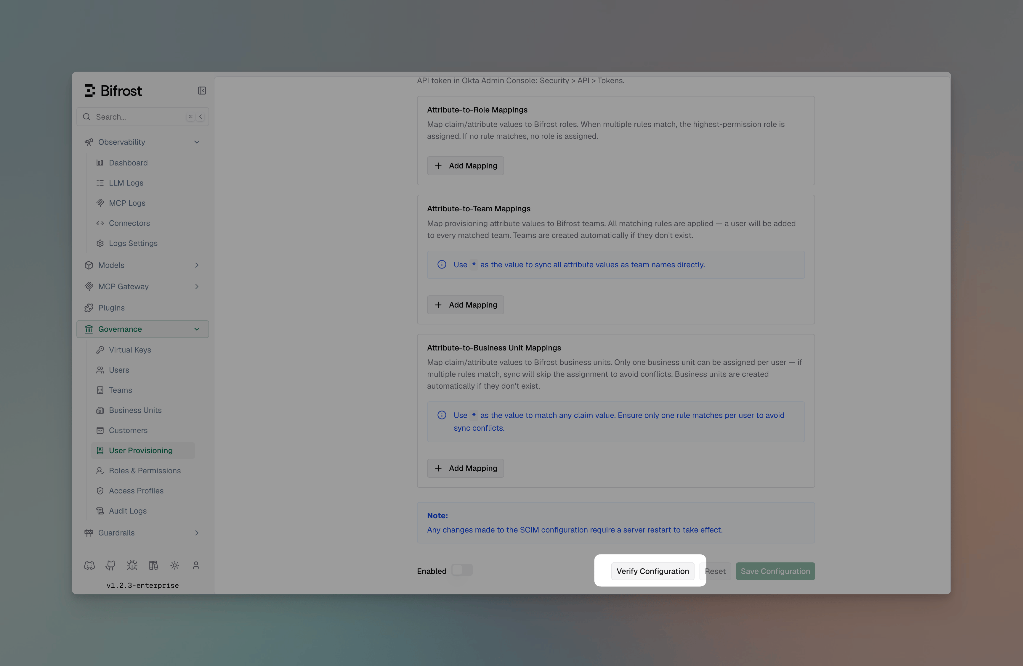 Selecting an OIDC provider in the Bifrost dashboard
