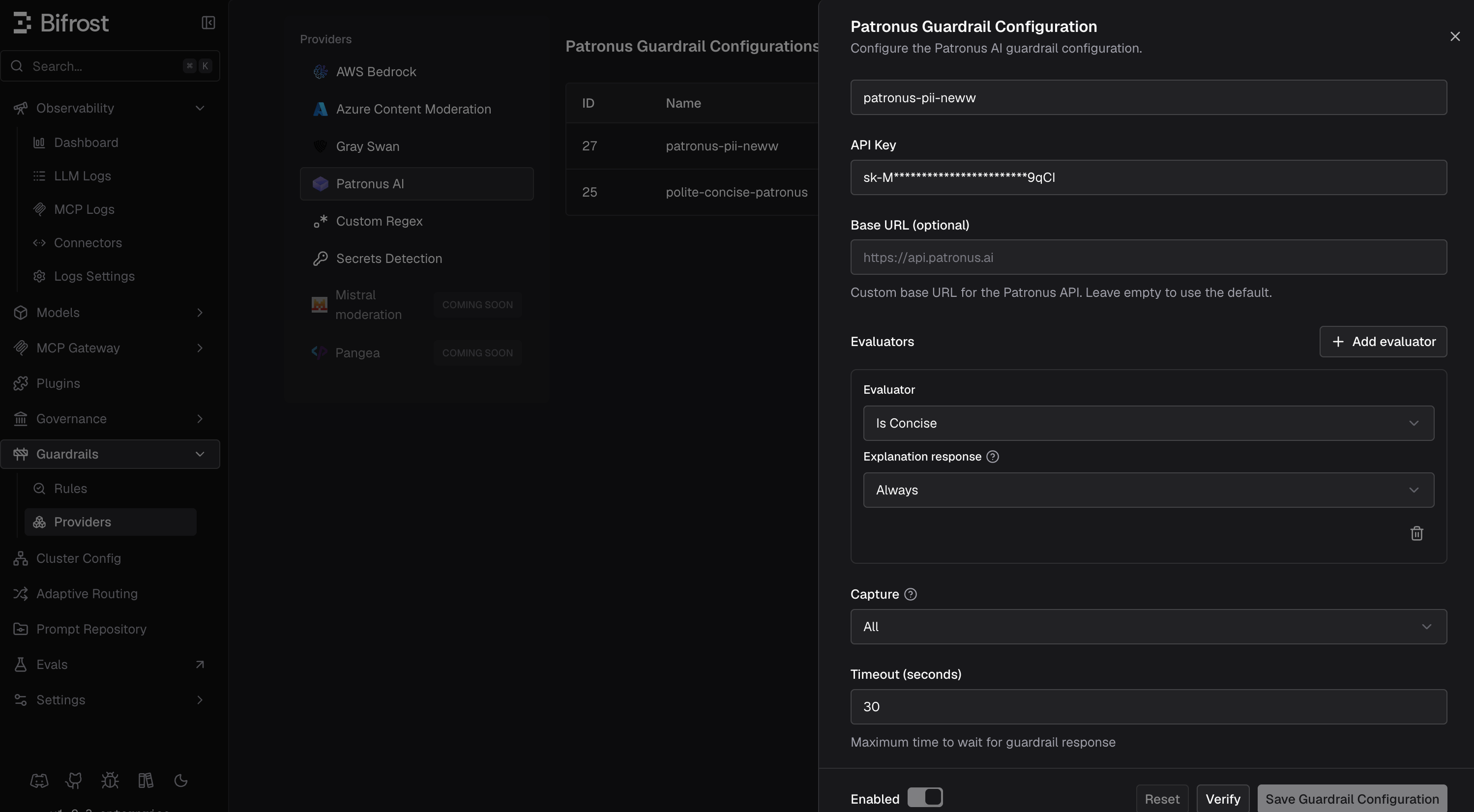 Patronus AI configuration in Bifrost dashboard