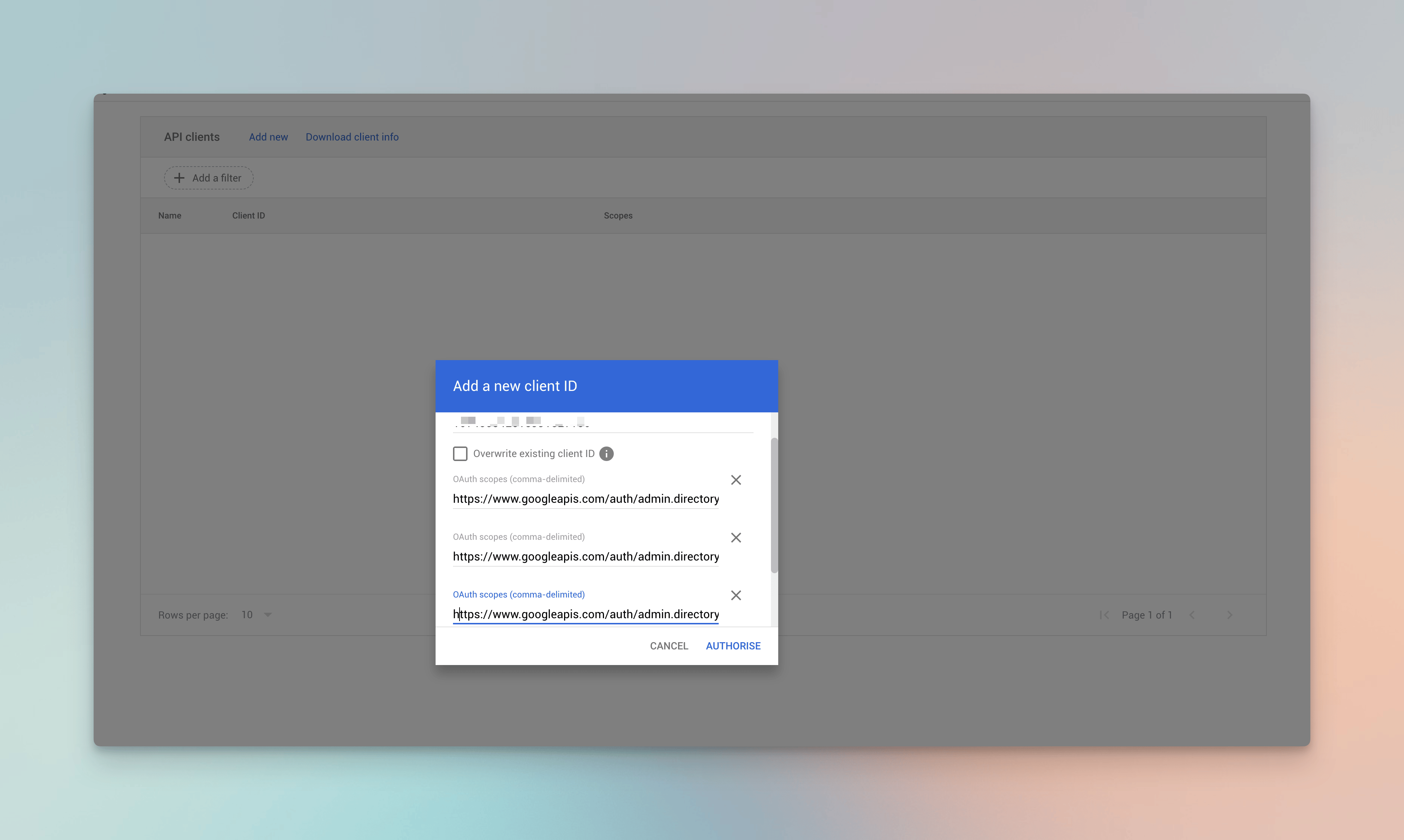 Google Admin Console Domain-Wide Delegation page with Add new entry button