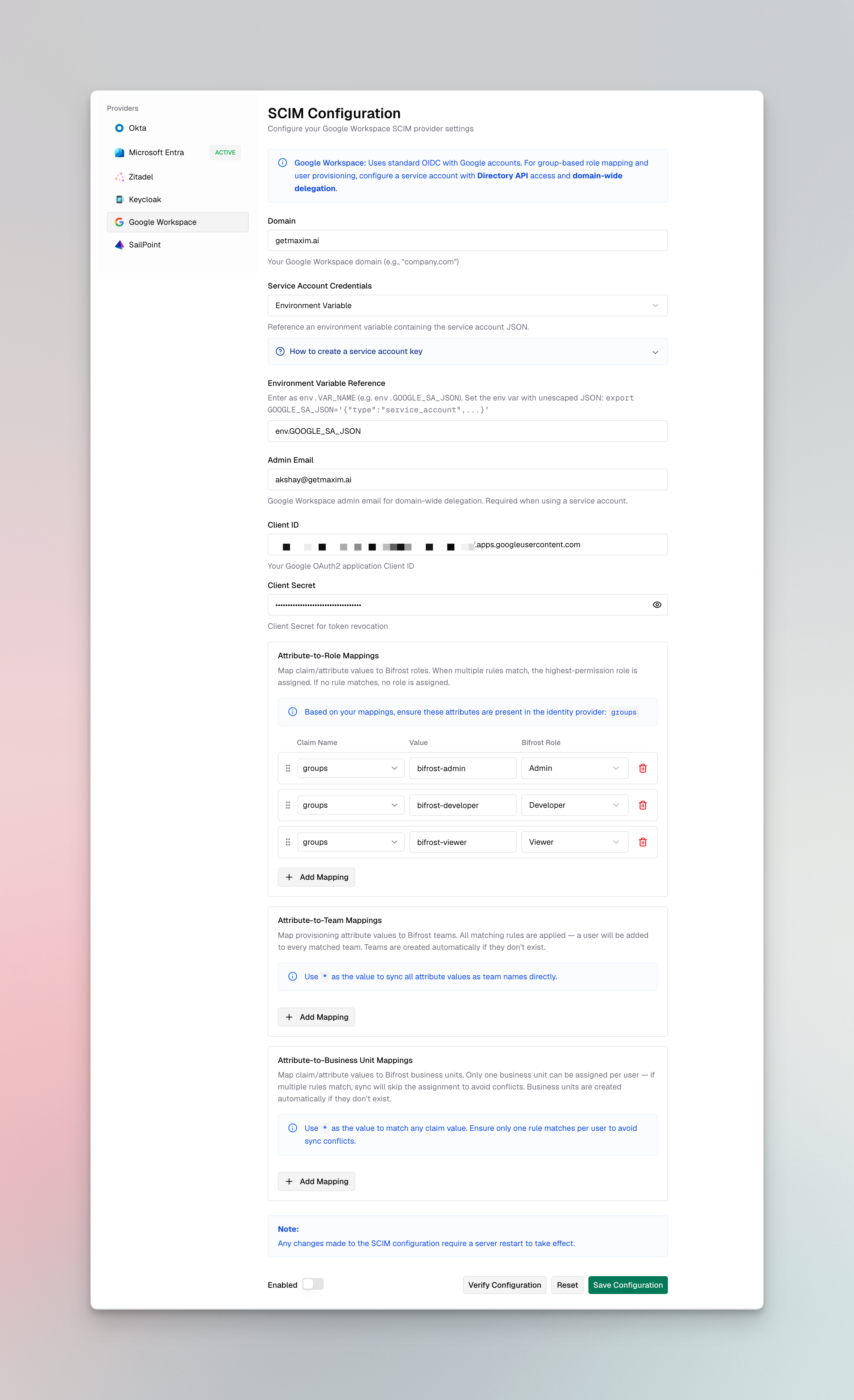 Bifrost Provider Configuration form for Google Workspace showing Domain, Client ID, Client Secret, and service account fields