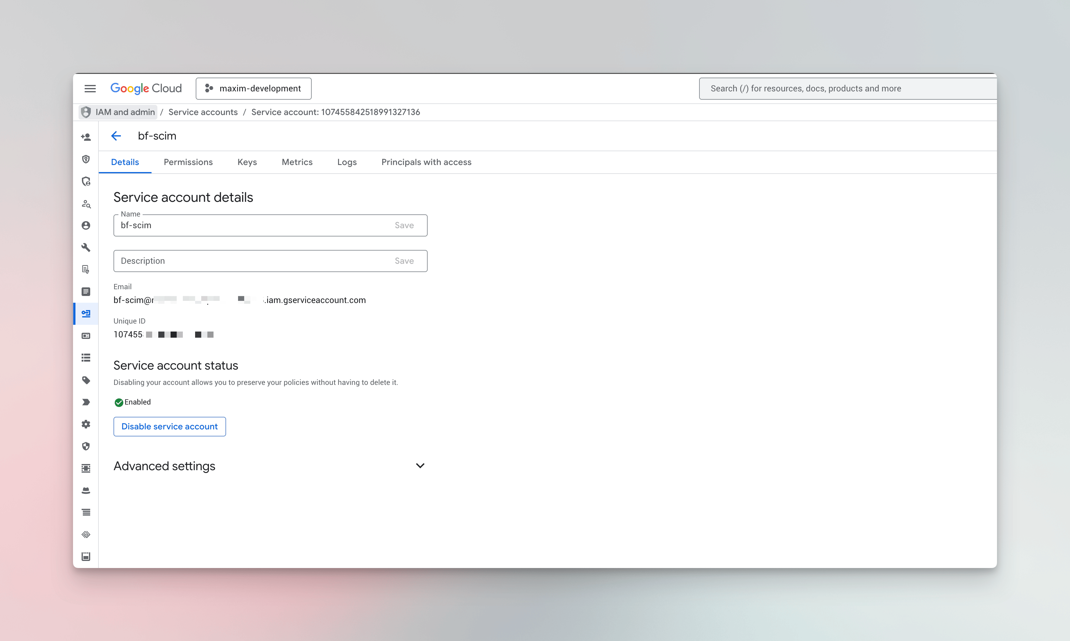Google Cloud Console Service Accounts page with Create service account button