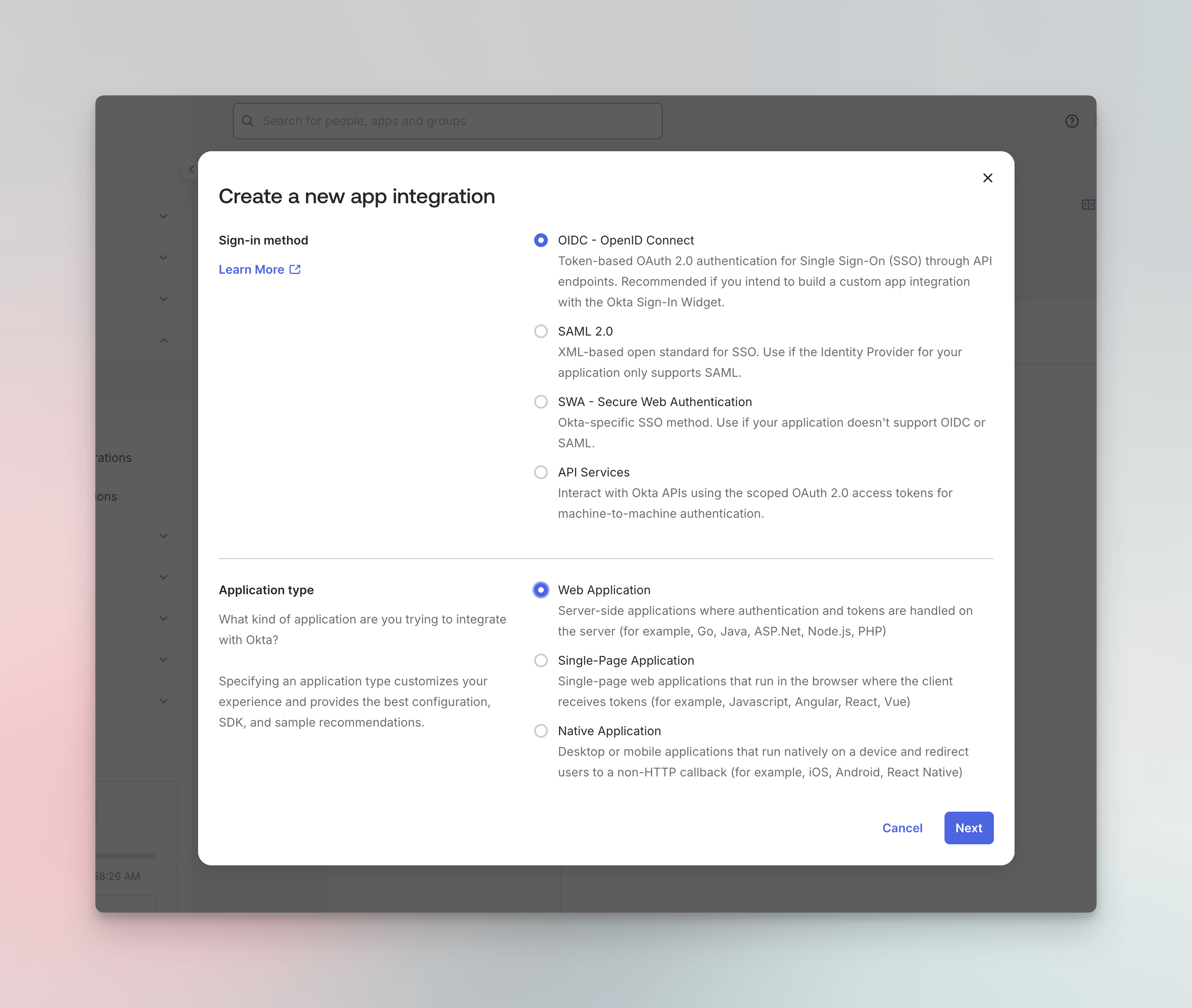 Create new app integration dialog