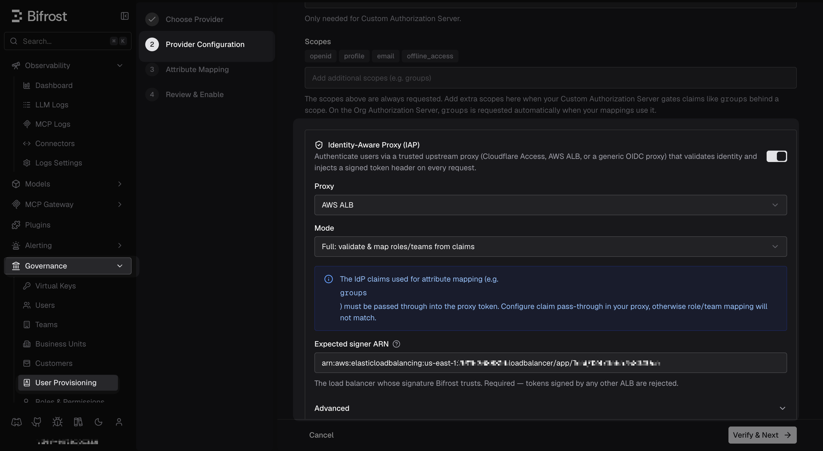 Bifrost Identity-Aware Proxy section with AWS ALB selected, showing Mode and Expected signer (ALB ARN) fields