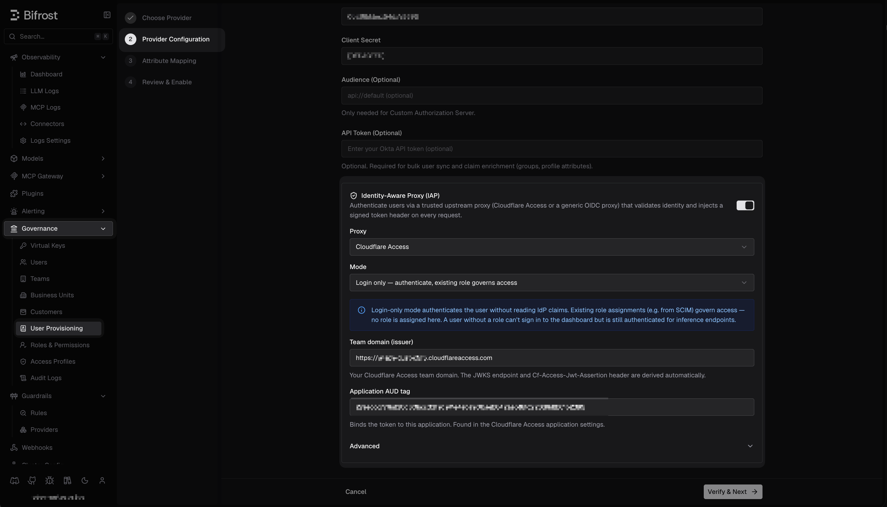Bifrost Identity-Aware Proxy section with Cloudflare Access selected, showing Mode, Team domain, and Application AUD tag fields