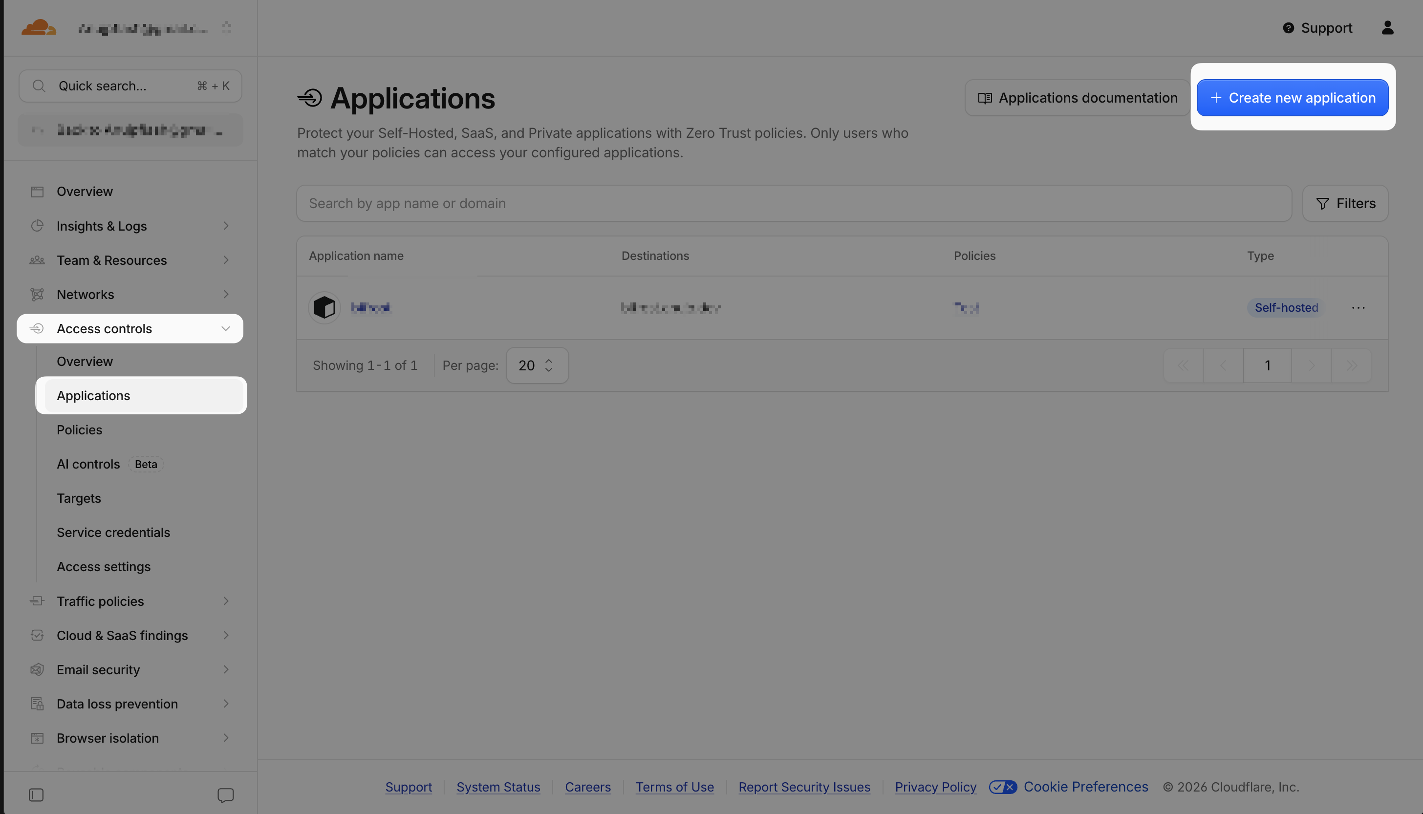 Cloudflare Zero Trust Applications list with the Create new application button highlighted