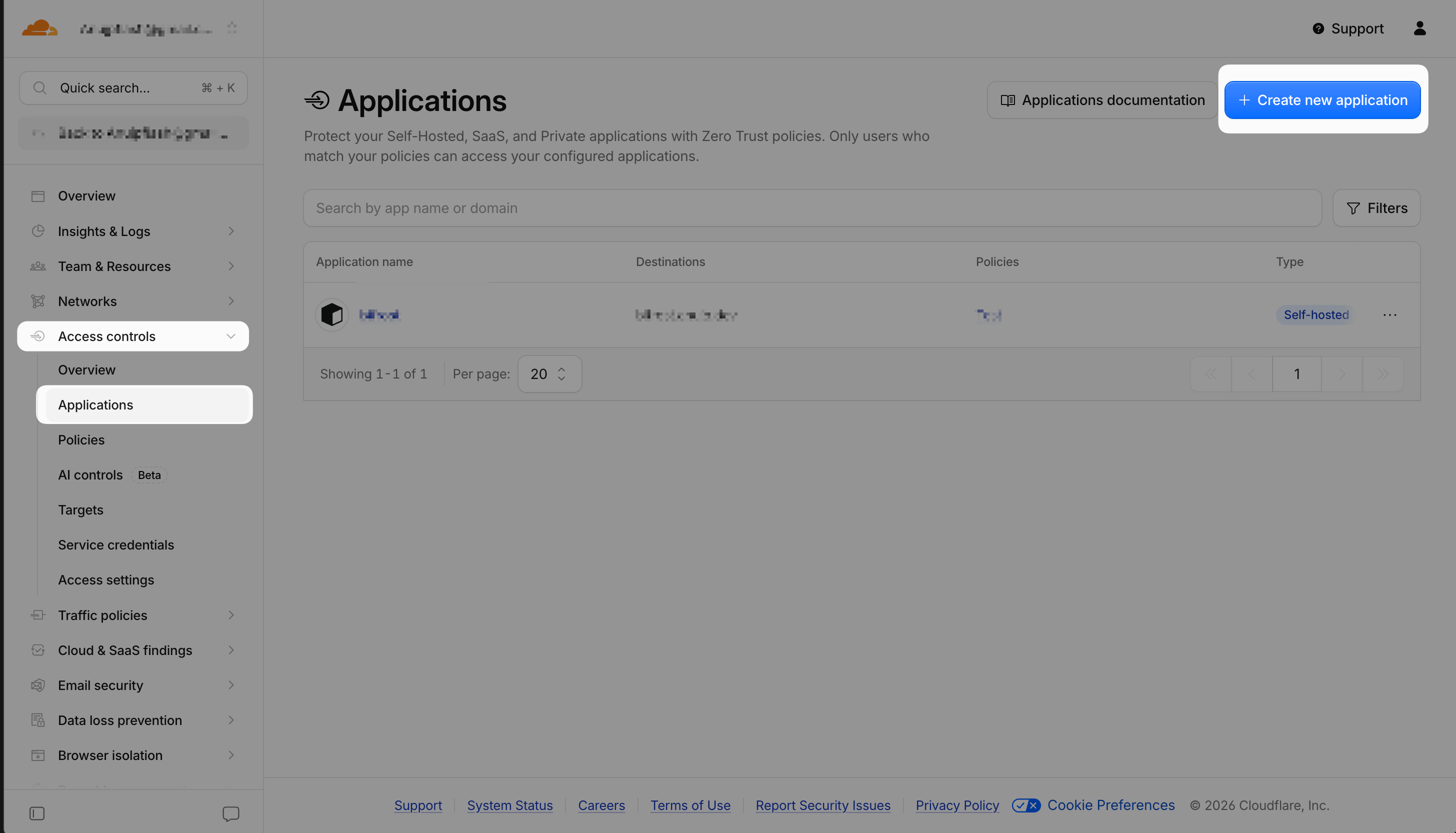 Cloudflare Zero Trust Applications list with the Create new application button highlighted