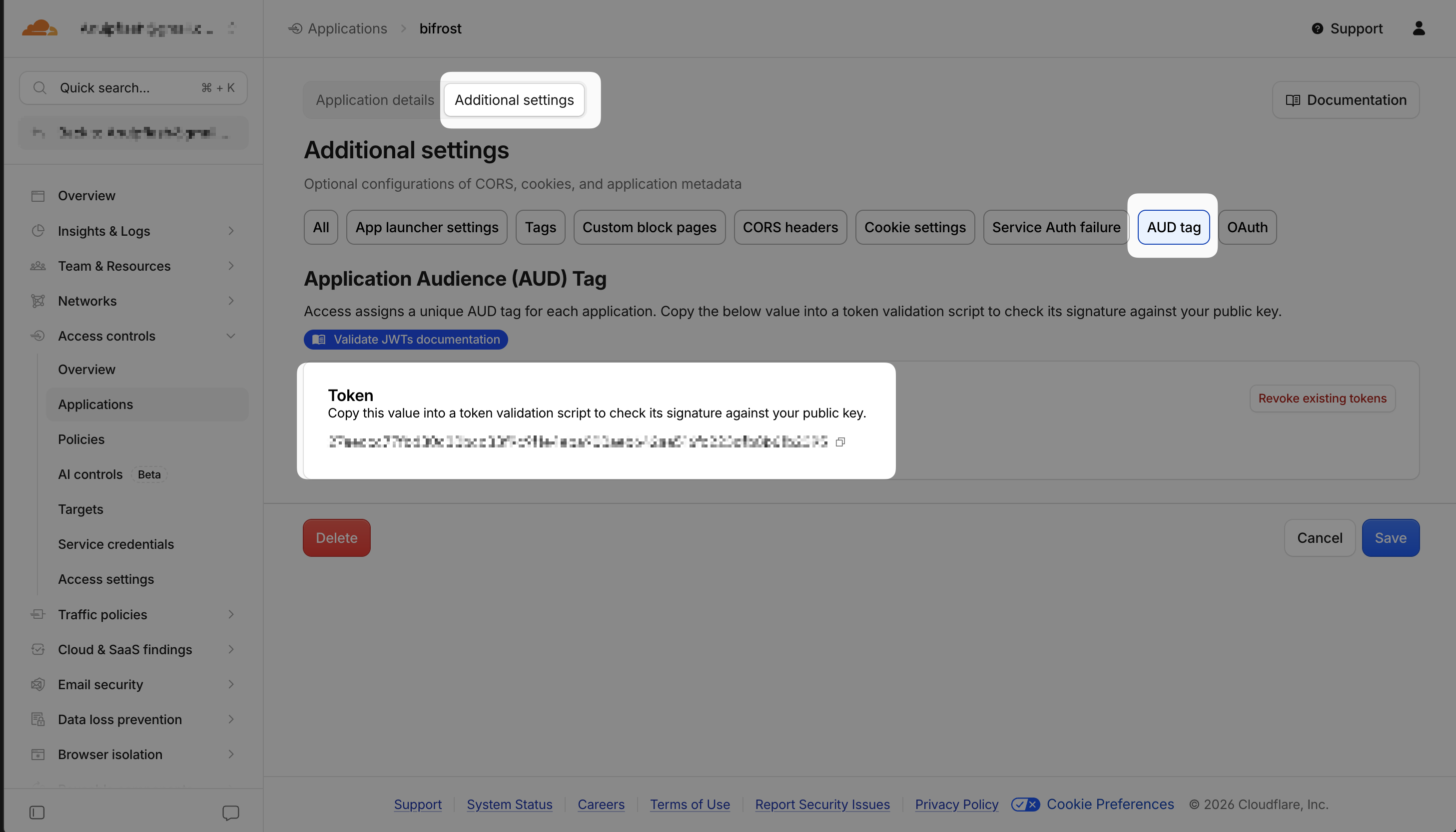 Cloudflare Access application Additional settings tab showing the Application Audience AUD tag token value