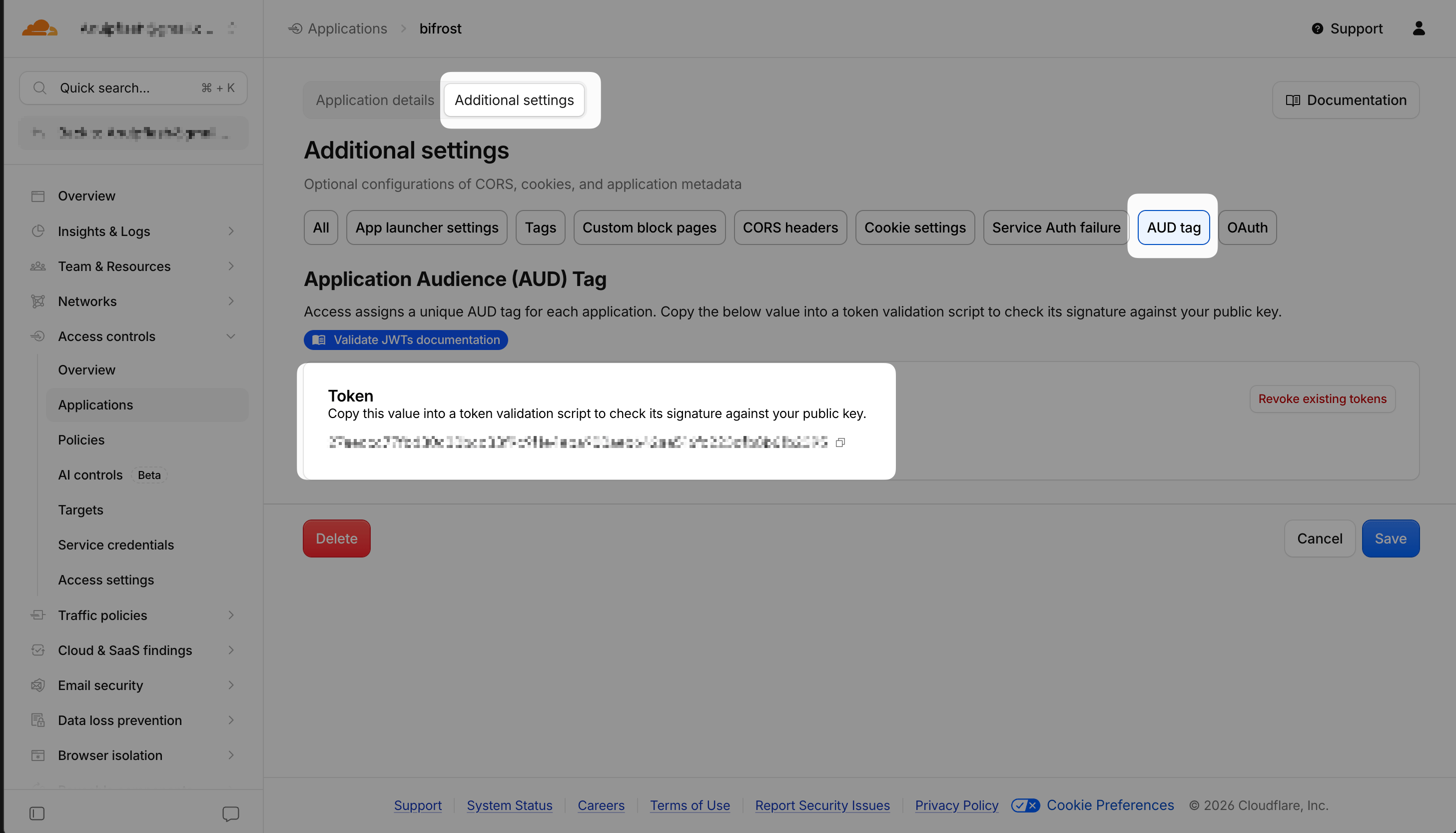 Cloudflare Access application Additional settings tab showing the Application Audience AUD tag token value