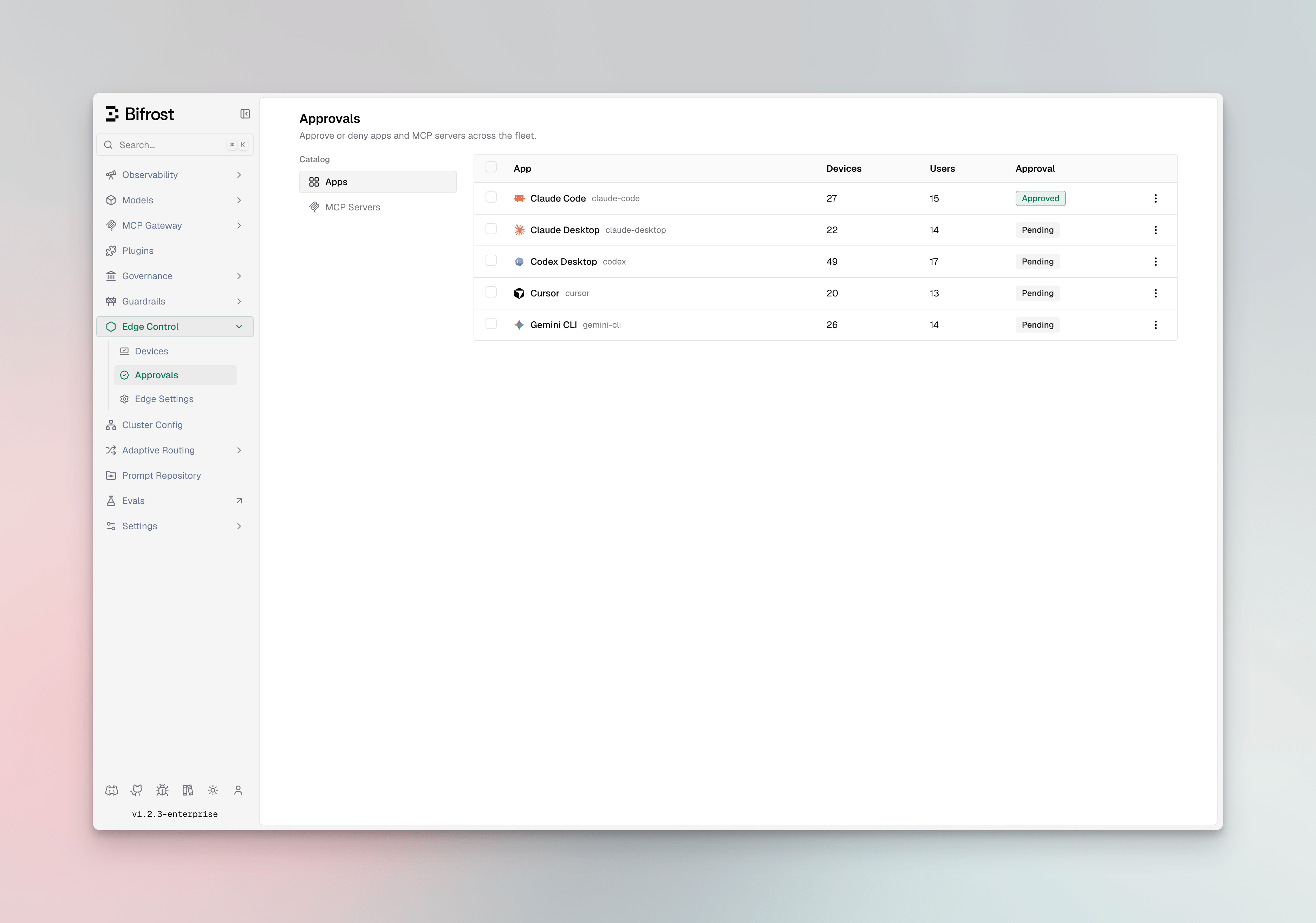 Approvals dashboard showing app and MCP server catalogs with status