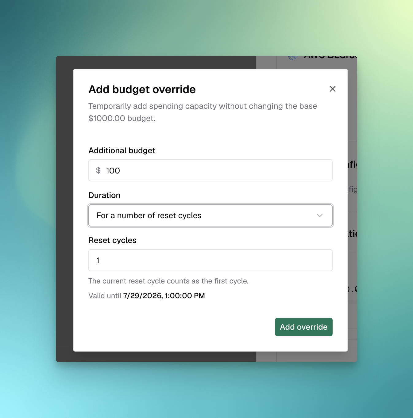 Configure the budget override amount and duration