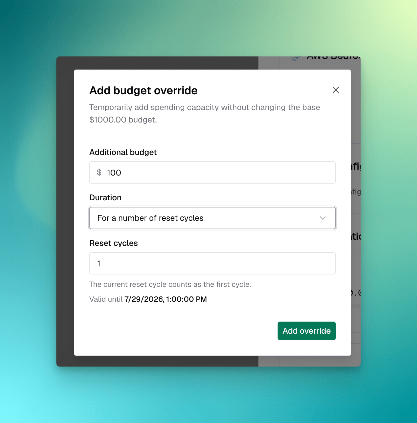 Configure the budget override amount and duration