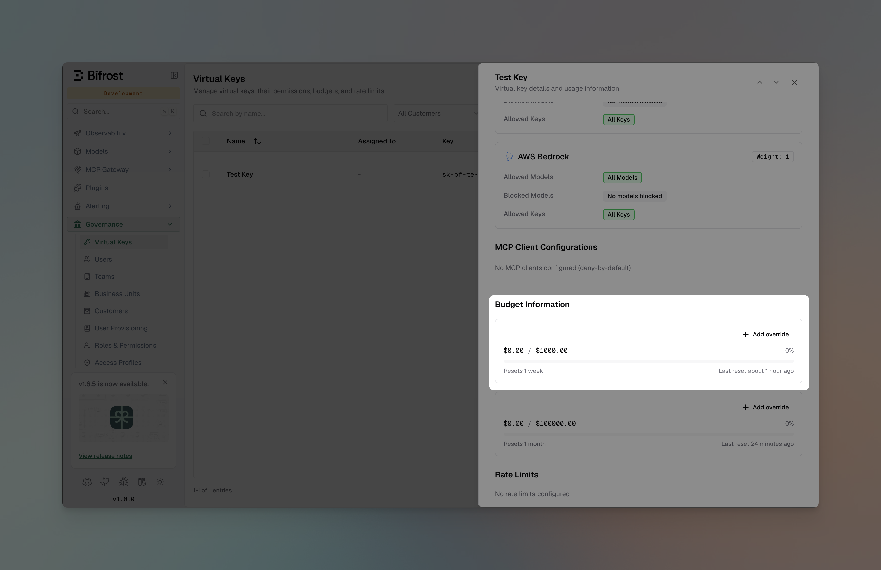 Add a virtual-key budget override