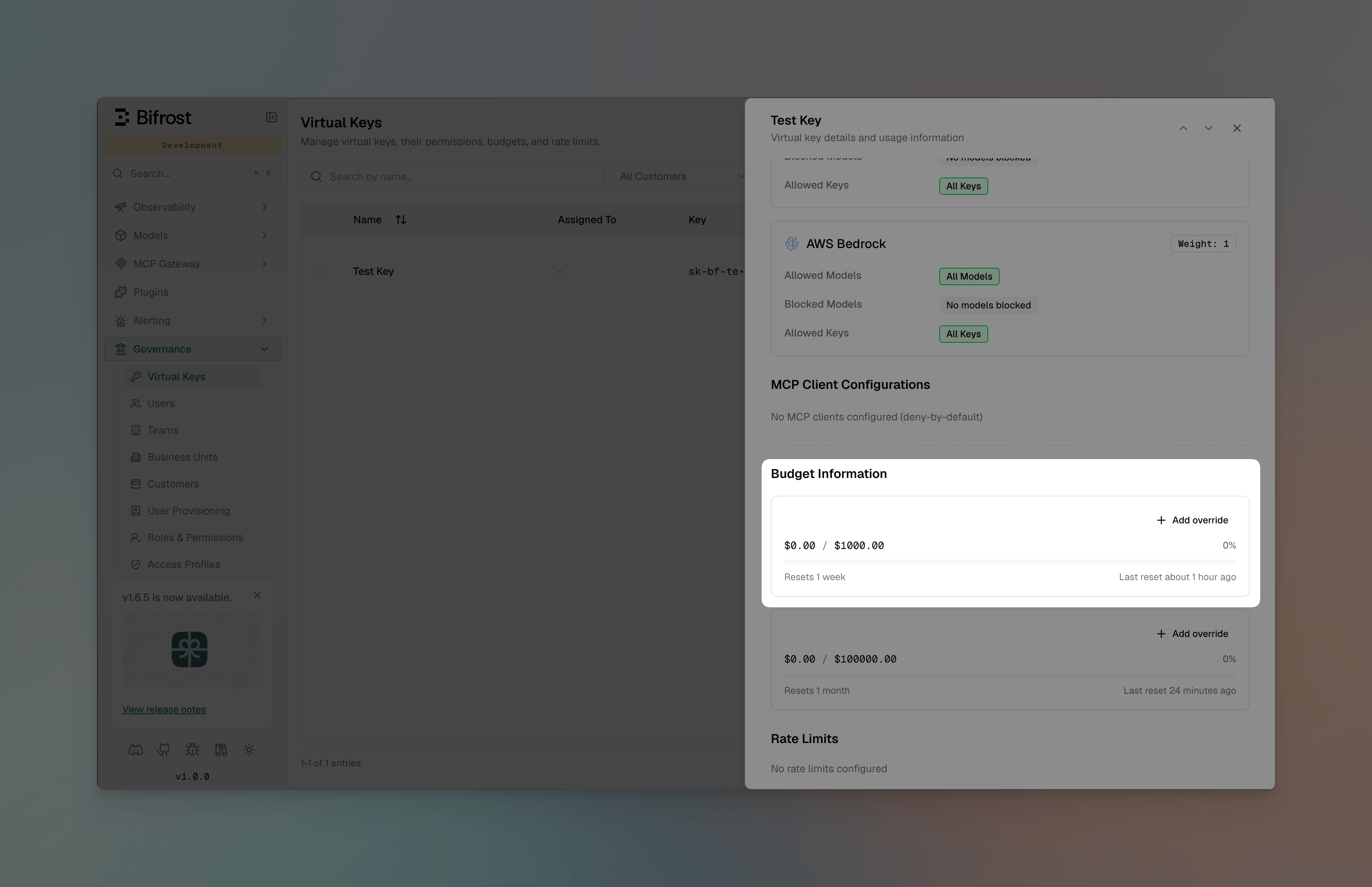 Add a virtual-key budget override