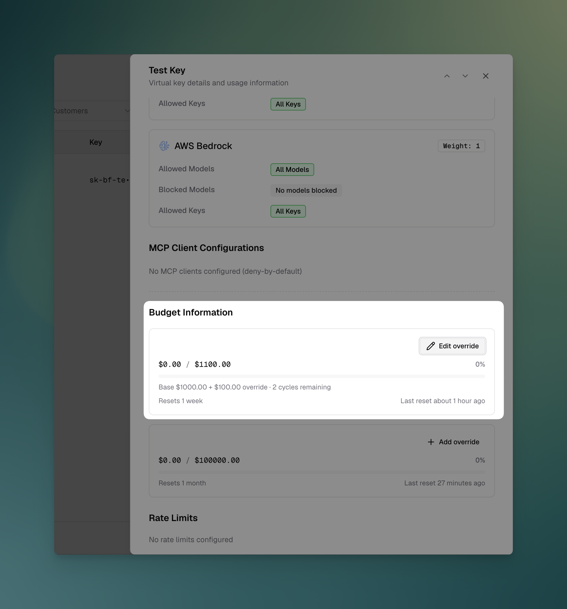 Virtual-key budget with an active override