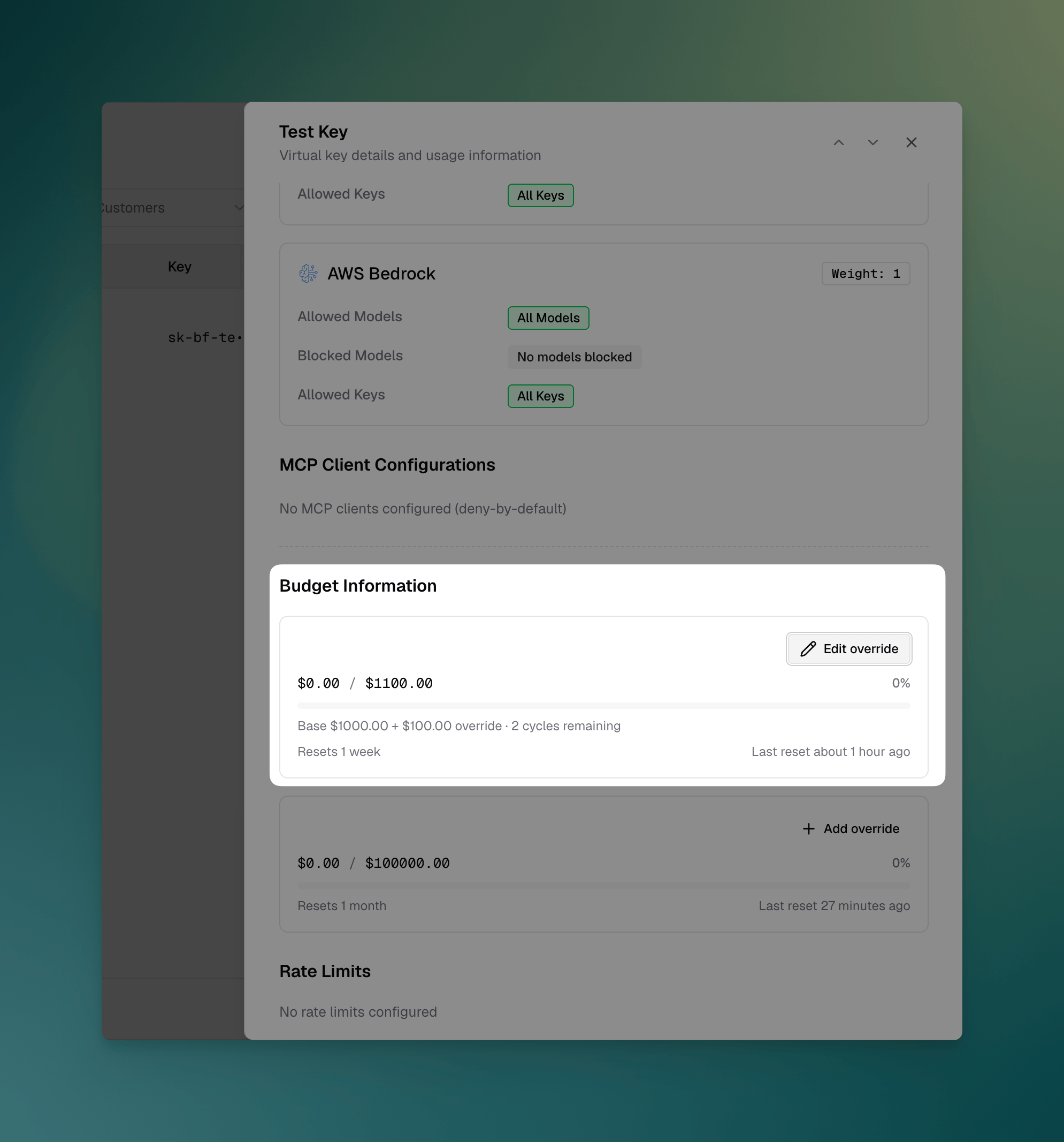 Virtual-key budget with an active override