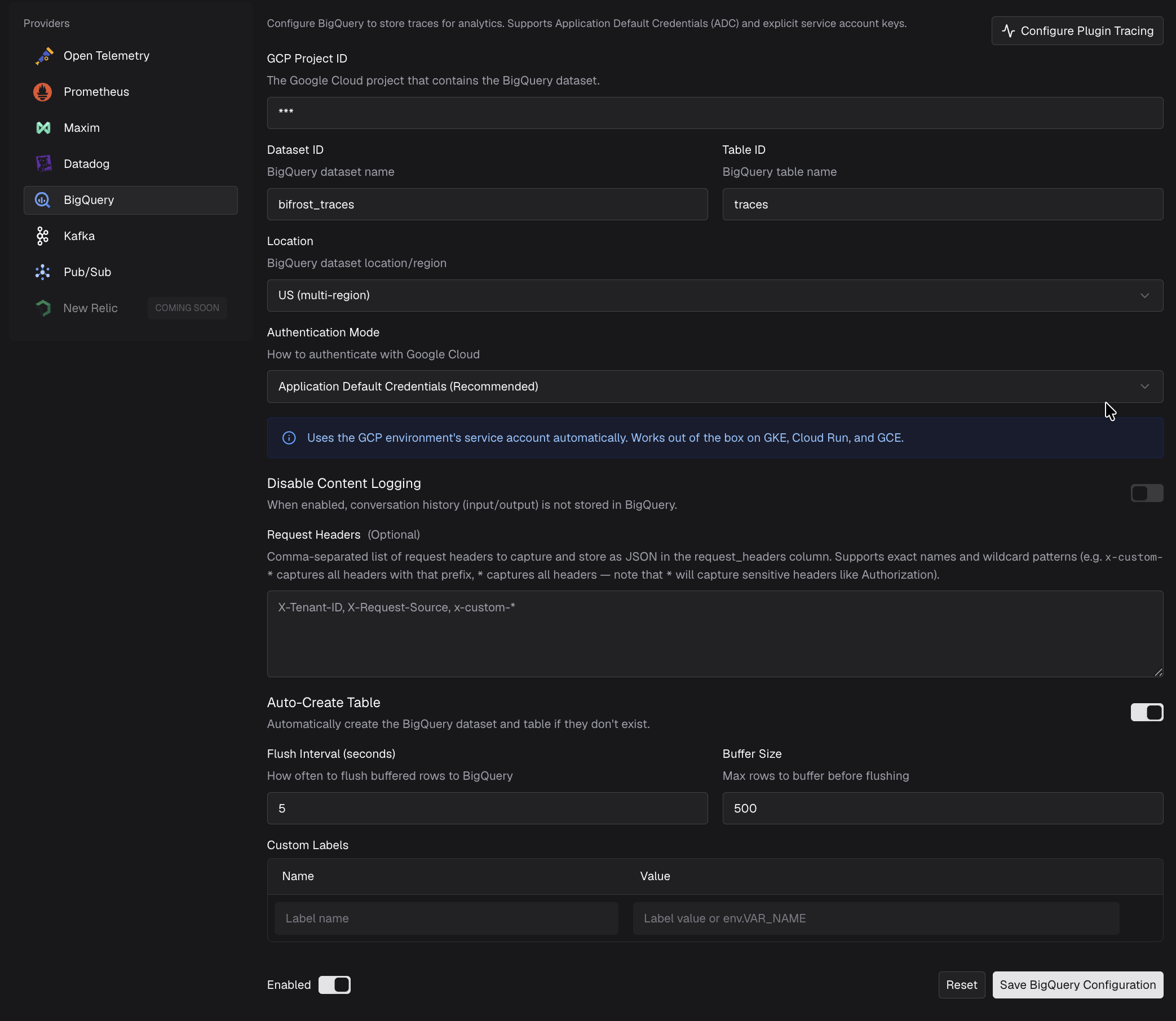 BigQuery connector configuration in the Observability page