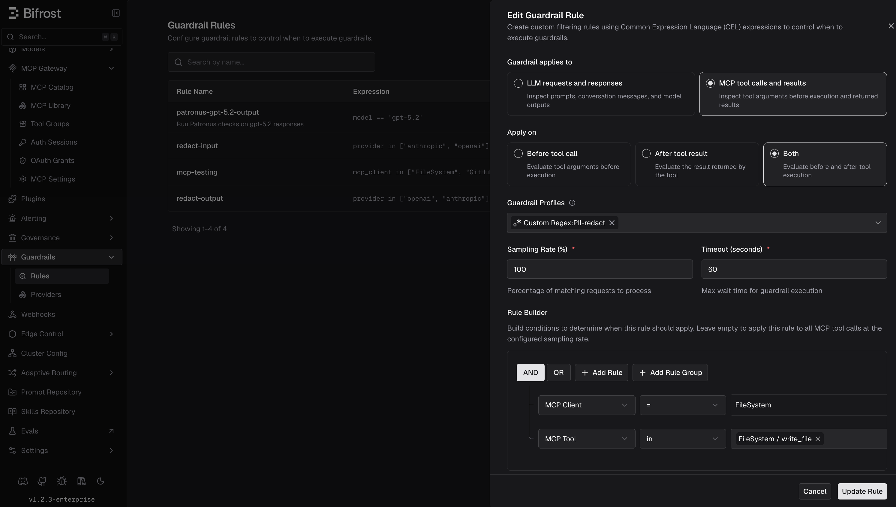 MCP guardrail rule editor showing the MCP target, before and after execution phases, a linked profile, and MCP client and tool conditions