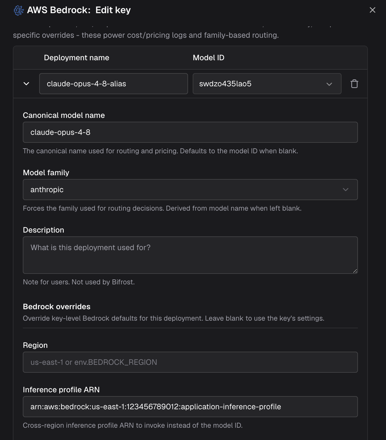 AWS Bedrock Edit key dialog in the Bifrost Web UI with a deployment row expanded, showing Canonical model name, Model family, and the Bedrock overrides Region and Inference profile ARN fields