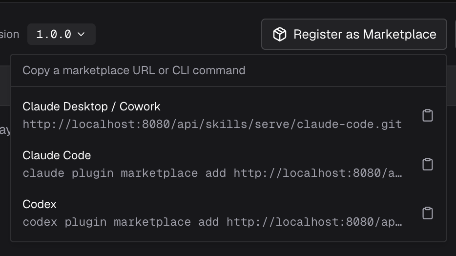 Bifrost Register as Marketplace menu showing the Claude Desktop and Cowork Git URL