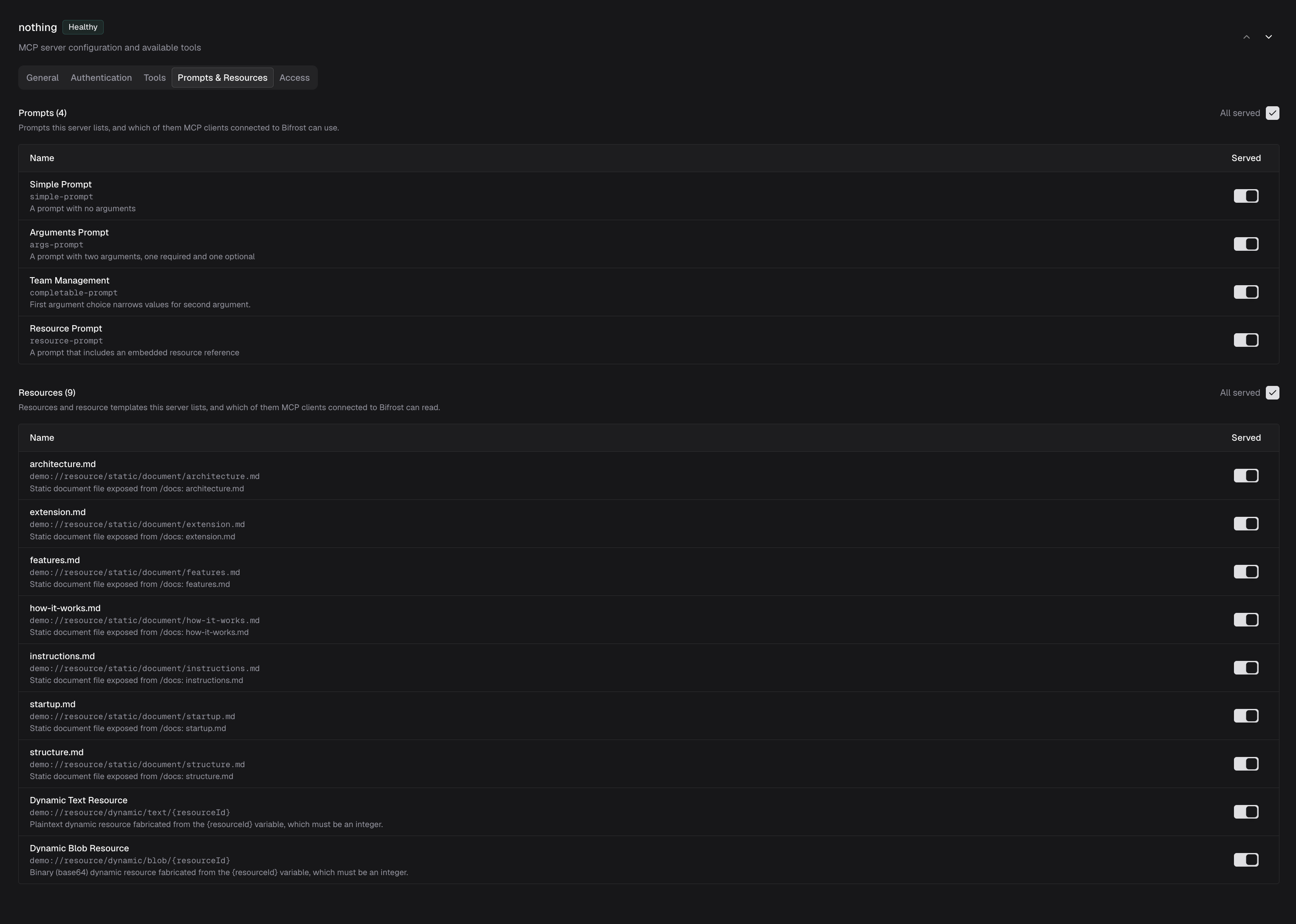 Prompts and resources tab on an MCP server