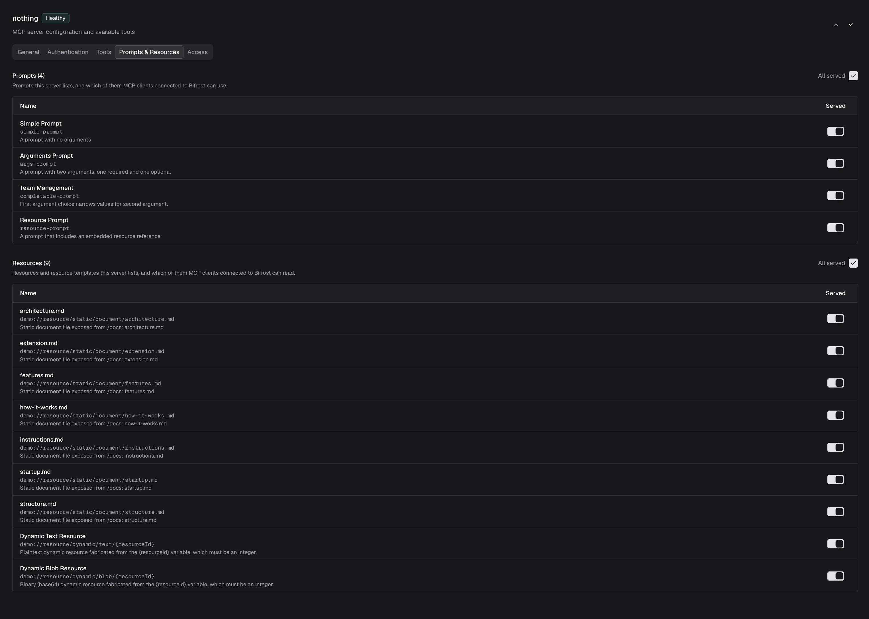 Prompts and resources tab on an MCP server