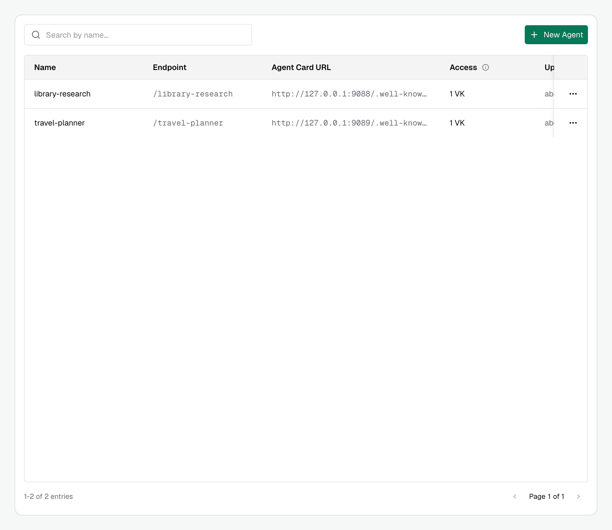 A registered research agent in the Agent Catalog with one virtual-key grant