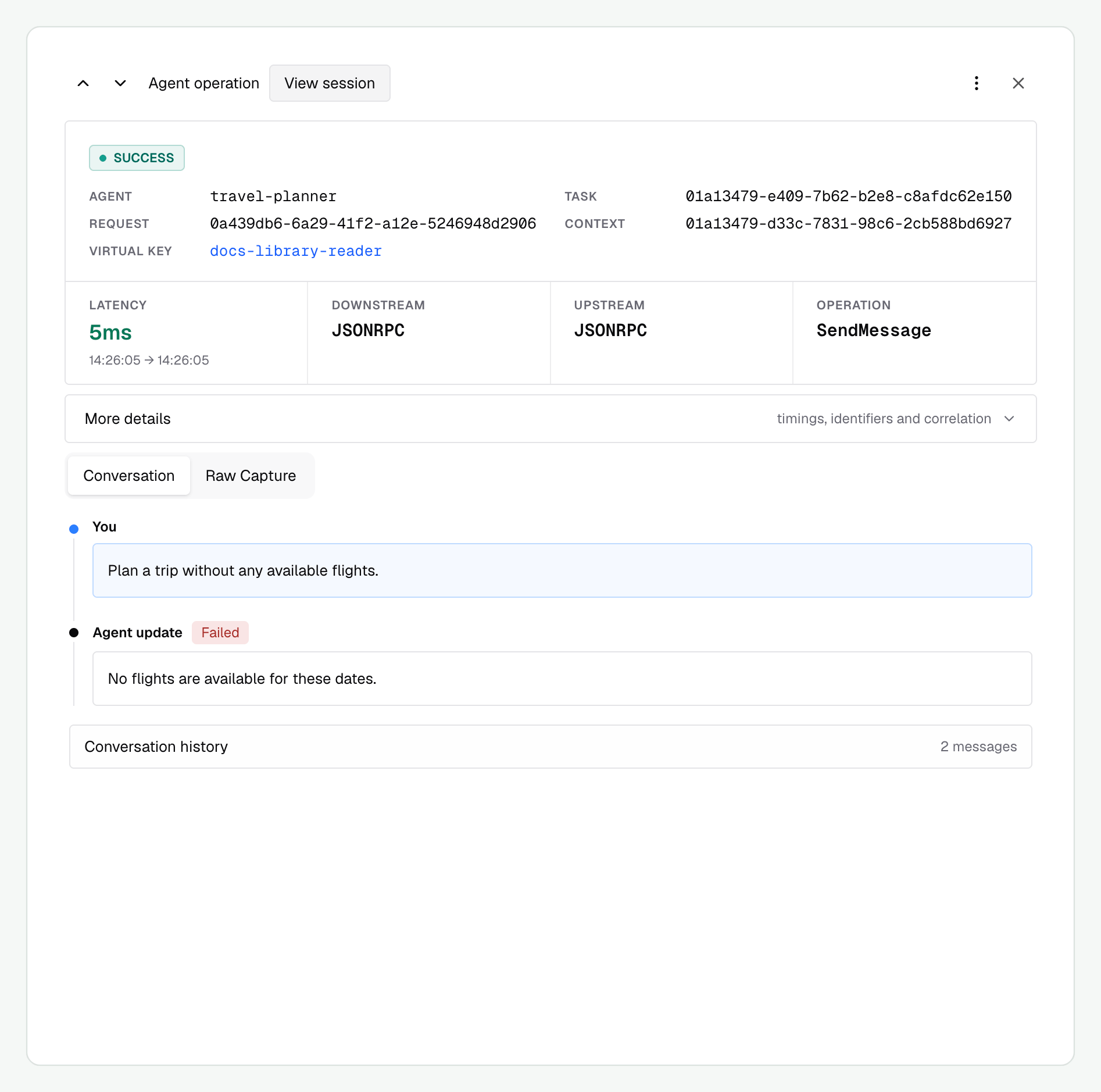 A successful SendMessage operation returning a failed travel task with a reason